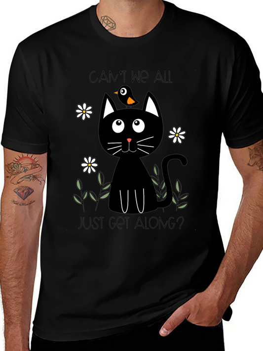 Whimsical Cat & Bird T-Shirt - Cant We All Get Along?