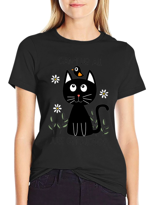 Whimsical Cat & Bird T-Shirt - Cant We All Get Along?