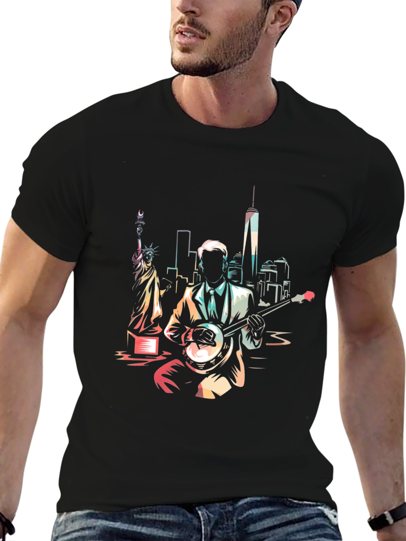 NYC Banjo Player Graphic Tee - Cool Design