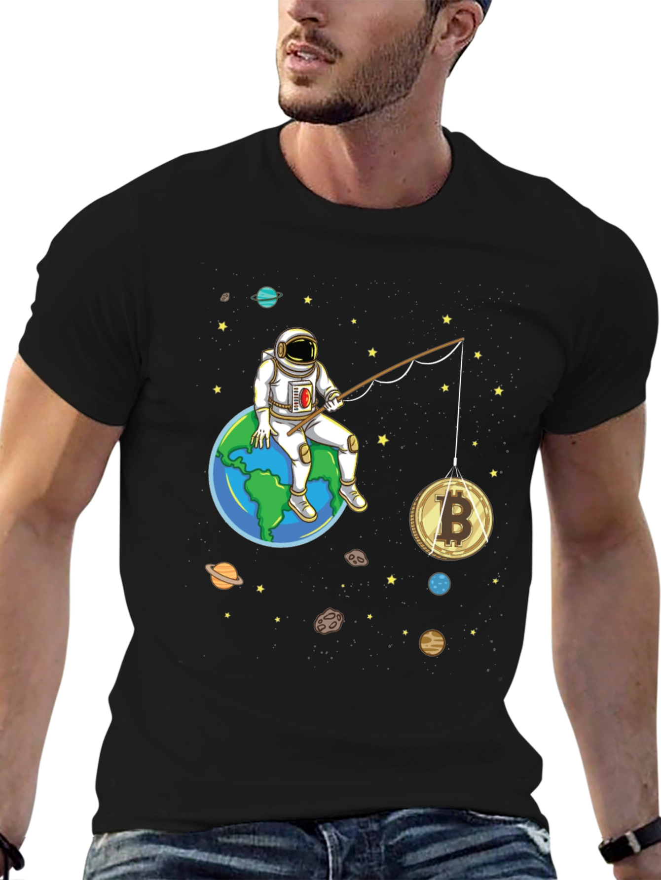 Astronaut Bitcoin Fishing Graphic Tee