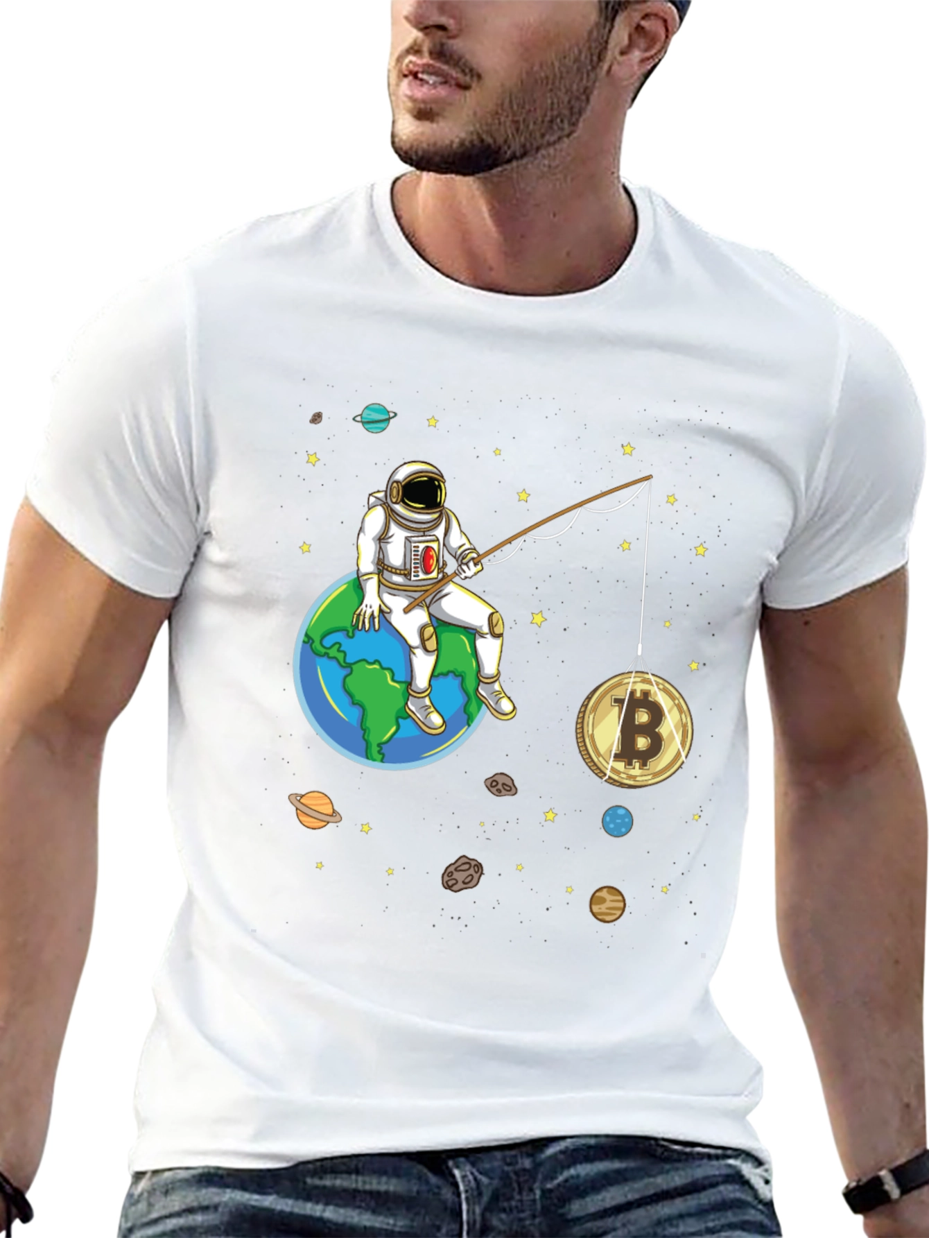 Astronaut Bitcoin Fishing Graphic Tee