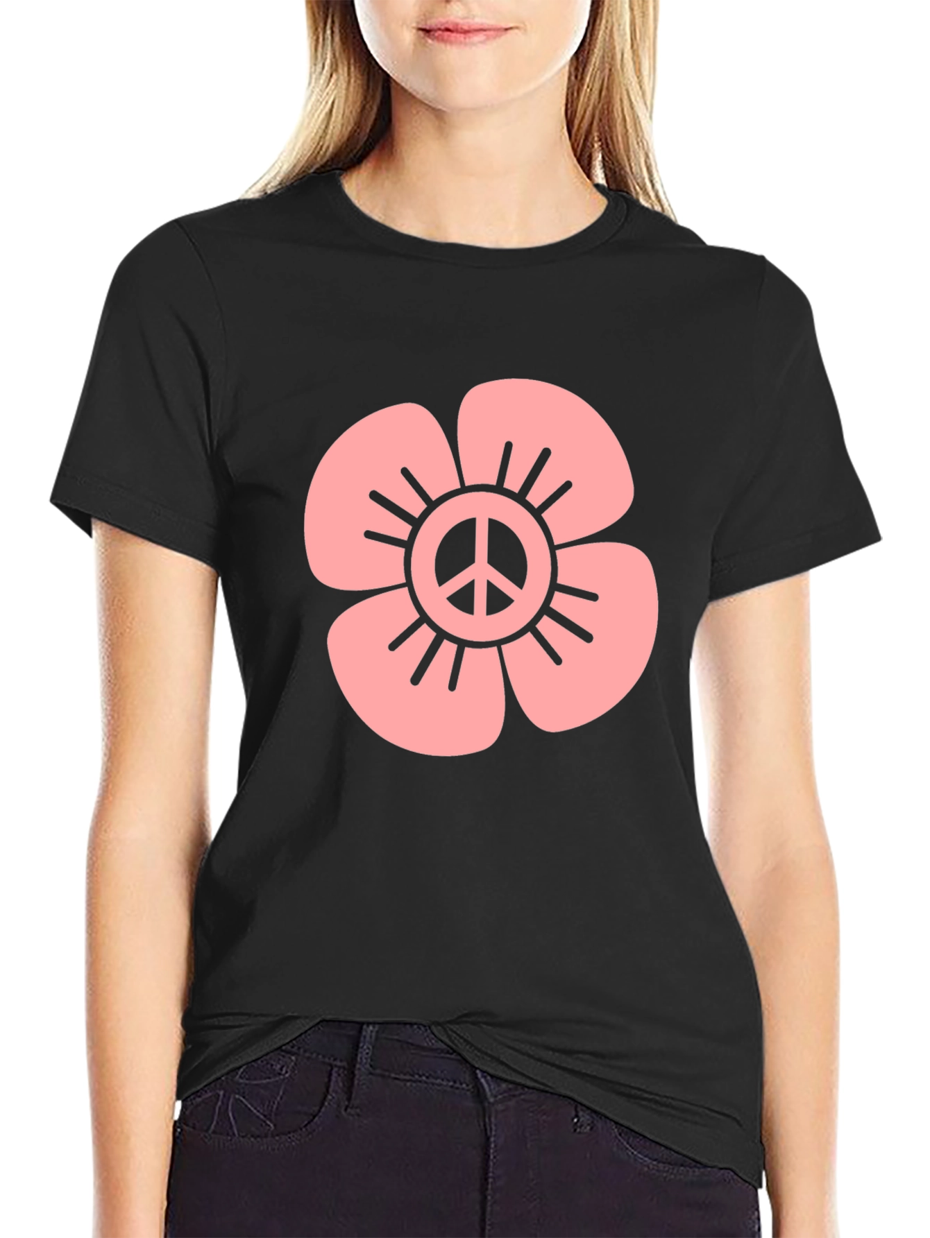 Peace Flower Graphic Tee - Black Cotton Blend