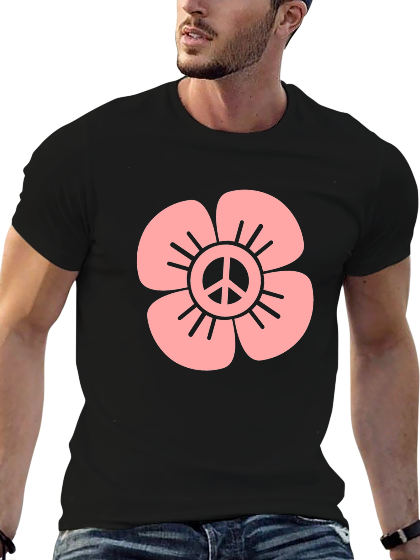 Peace Flower Graphic Tee - Black Cotton Blend