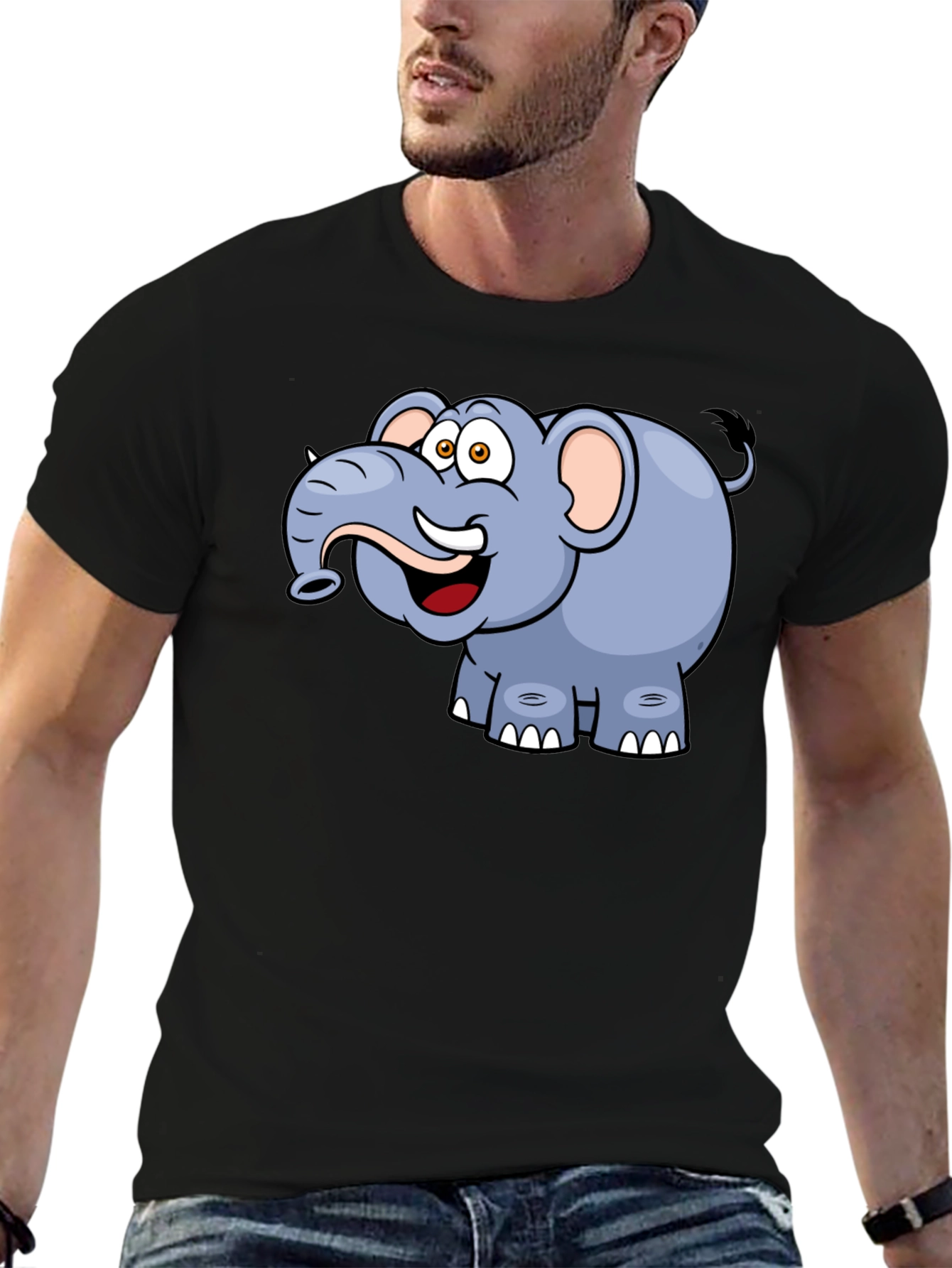 Cartoon Elephant Graphic Tee - Black Casual T-Shirt
