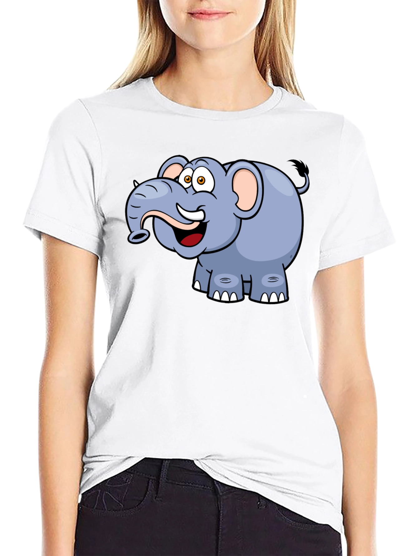 Cartoon Elephant Graphic Tee - Black Casual T-Shirt