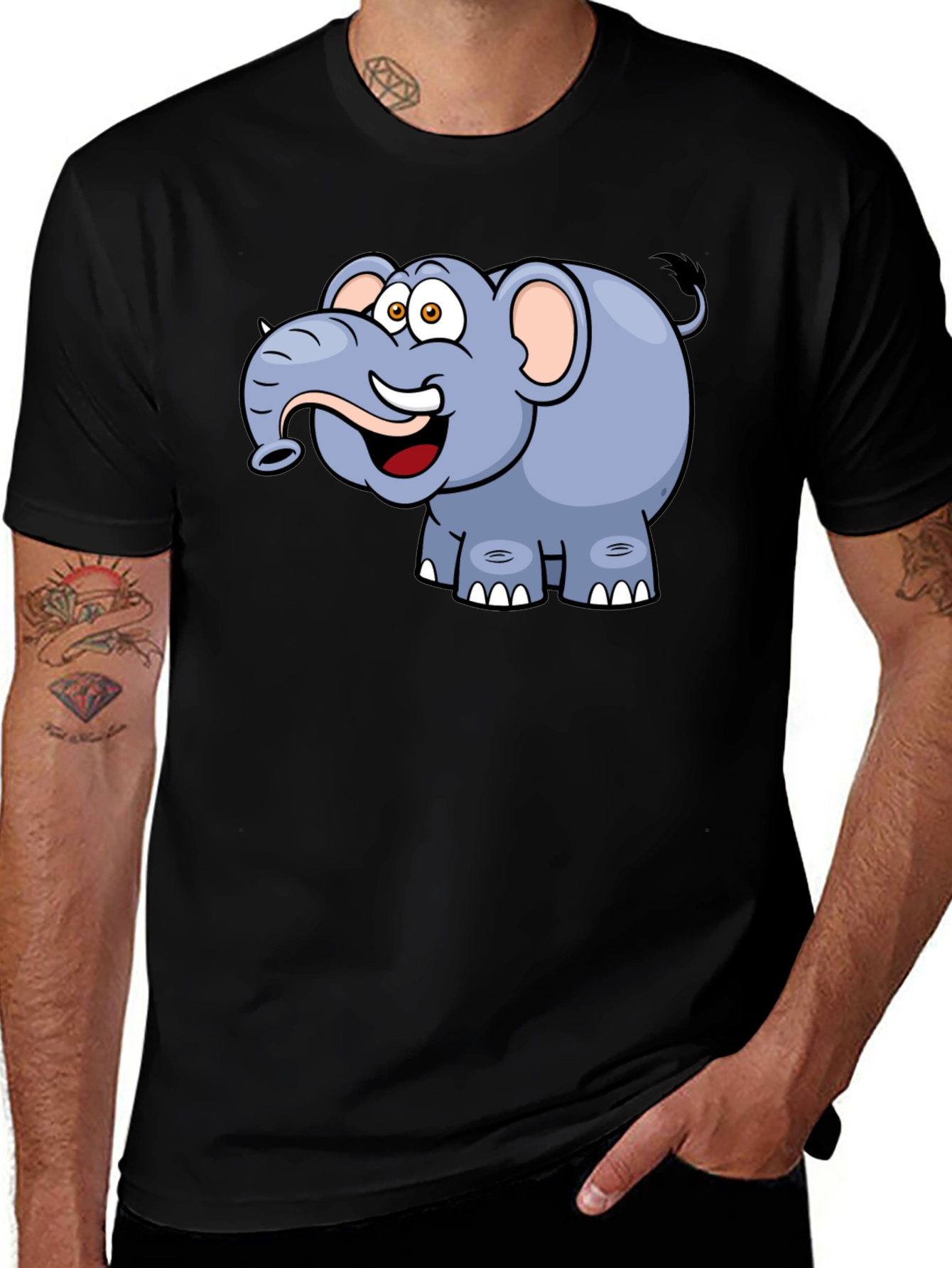 Cartoon Elephant Graphic Tee - Black Casual T-Shirt