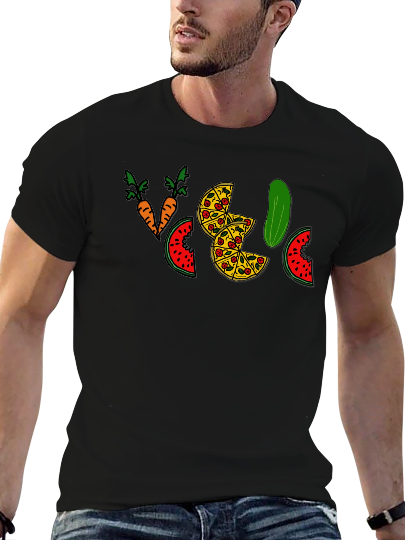 Funny Pizza Pickle Carrots Watermelon Black T-Shirt