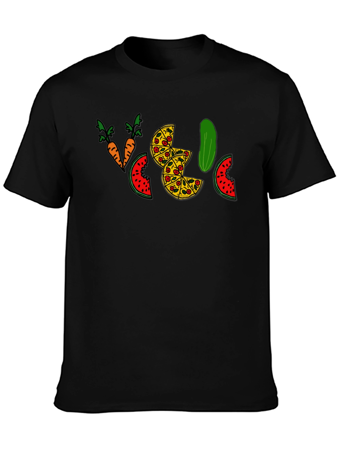 Funny Pizza Pickle Carrots Watermelon Black T-Shirt