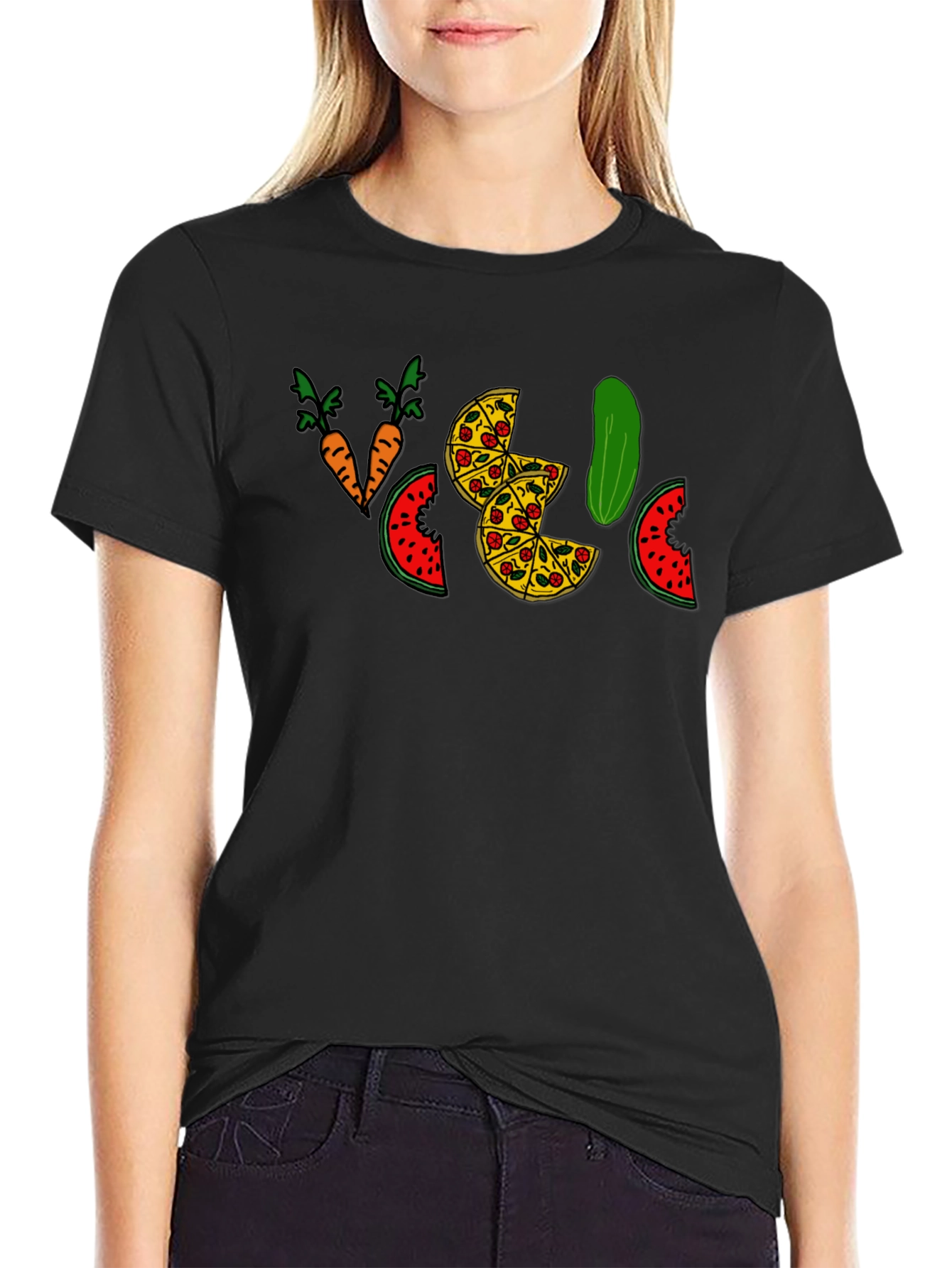 Funny Pizza Pickle Carrots Watermelon Black T-Shirt