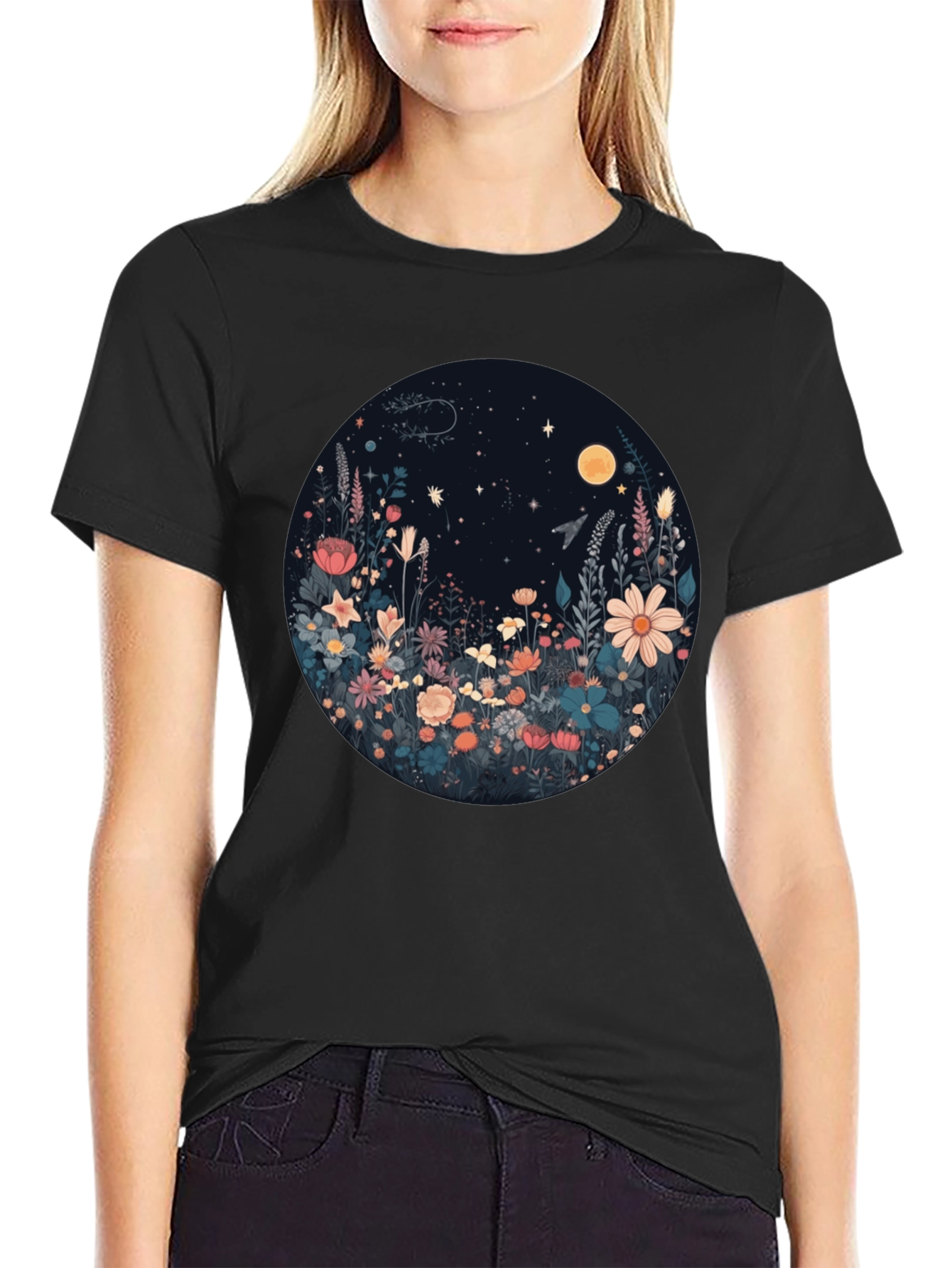 Floral Moon T-Shirt - Black Graphic Tee