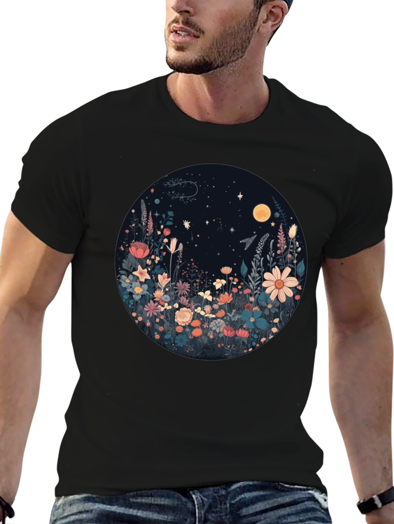 Floral Moon T-Shirt - Black Graphic Tee
