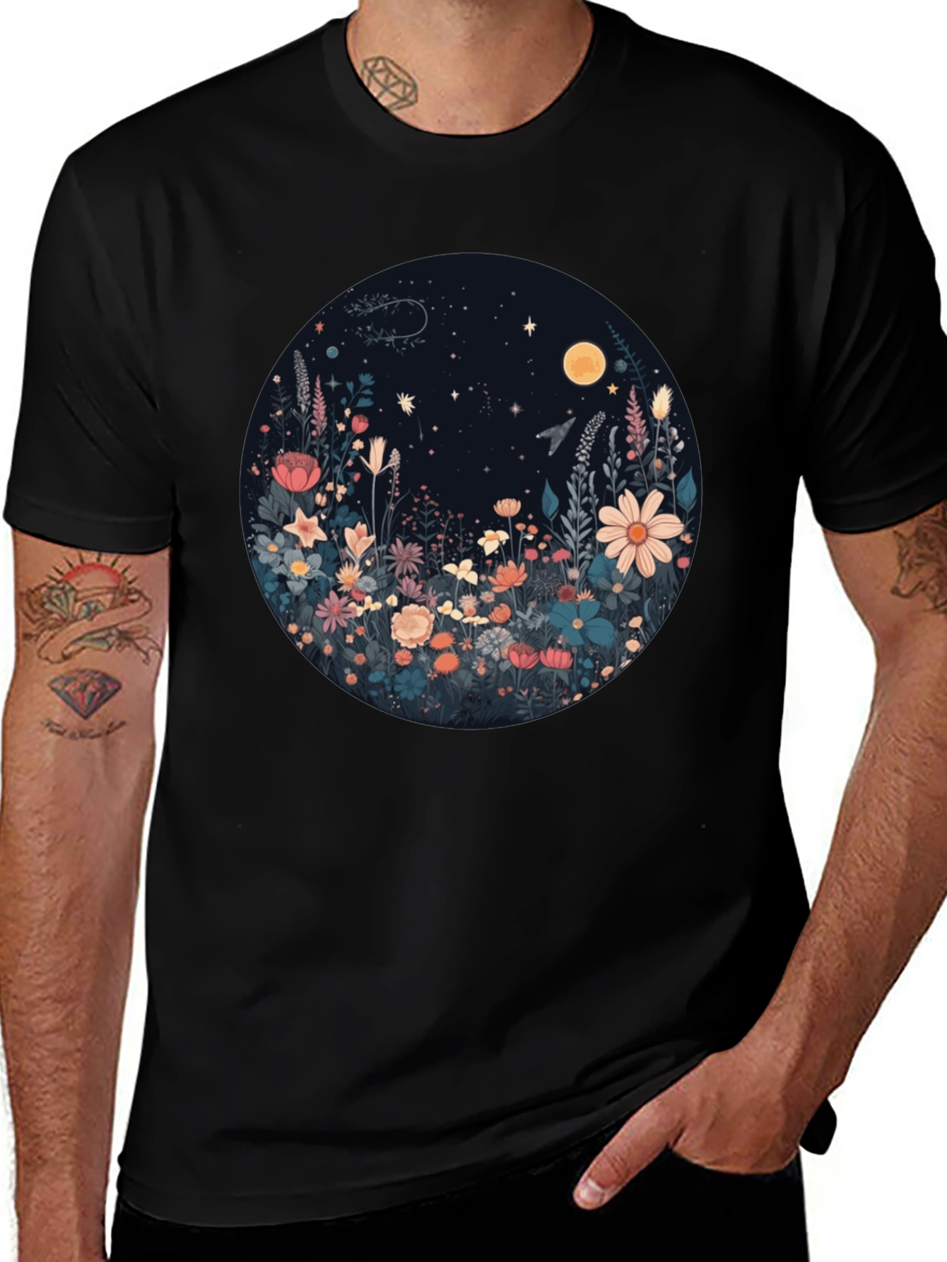 Floral Moon T-Shirt - Black Graphic Tee