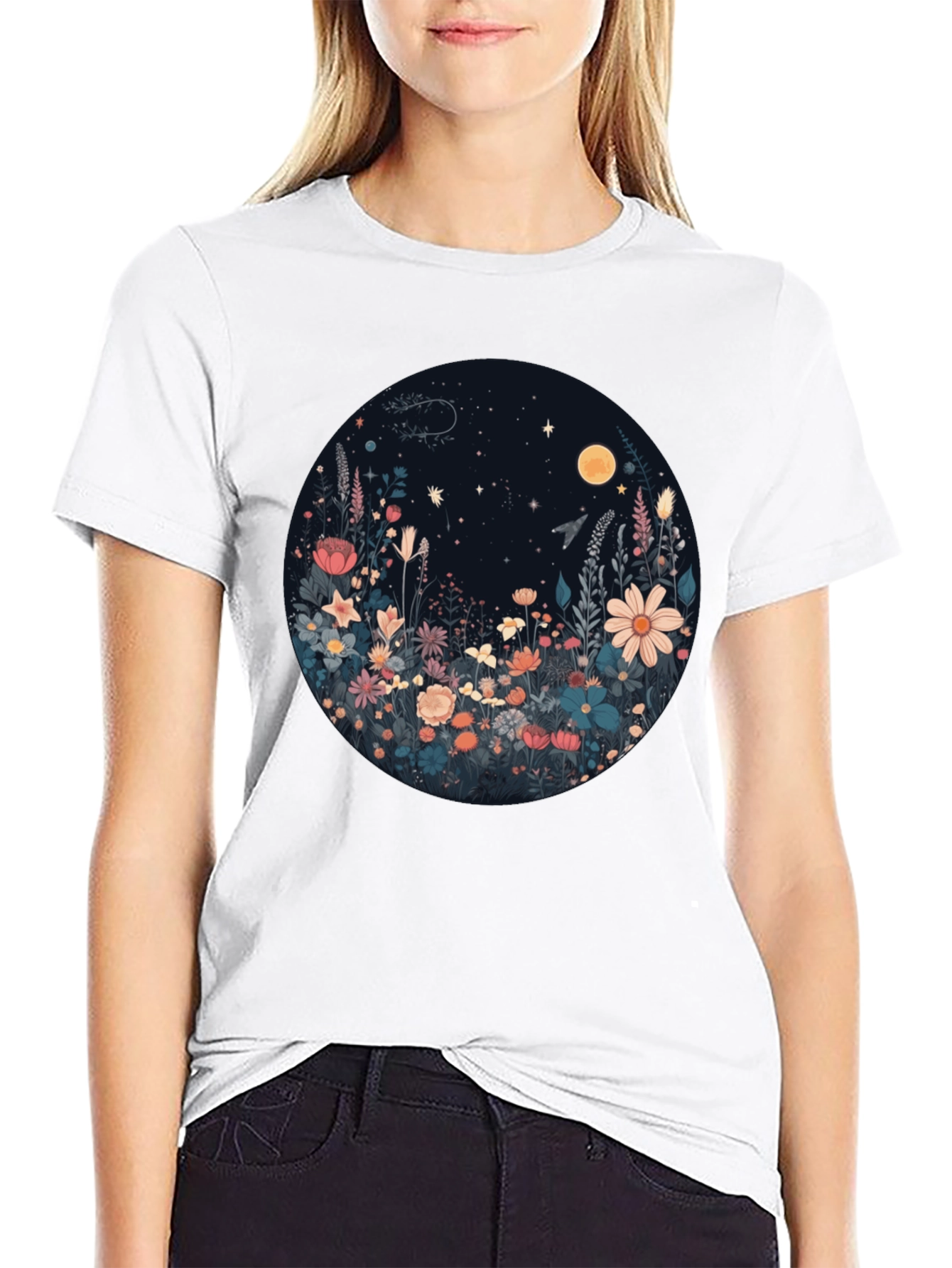Floral Moon T-Shirt - Black Graphic Tee