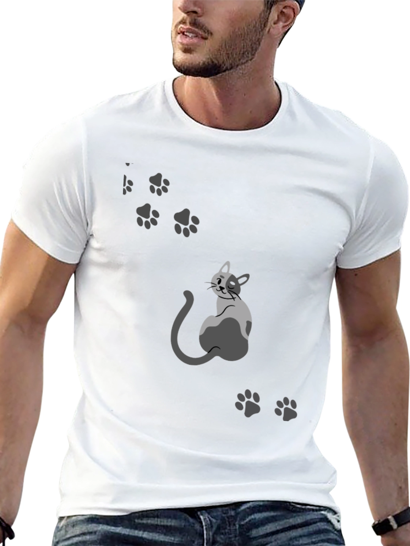Mens Black Cat & Paw Print Graphic Tee