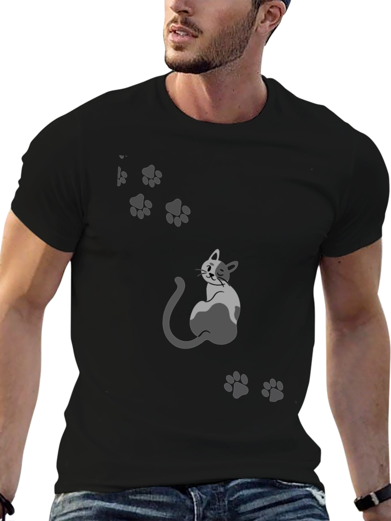 Mens Black Cat & Paw Print Graphic Tee