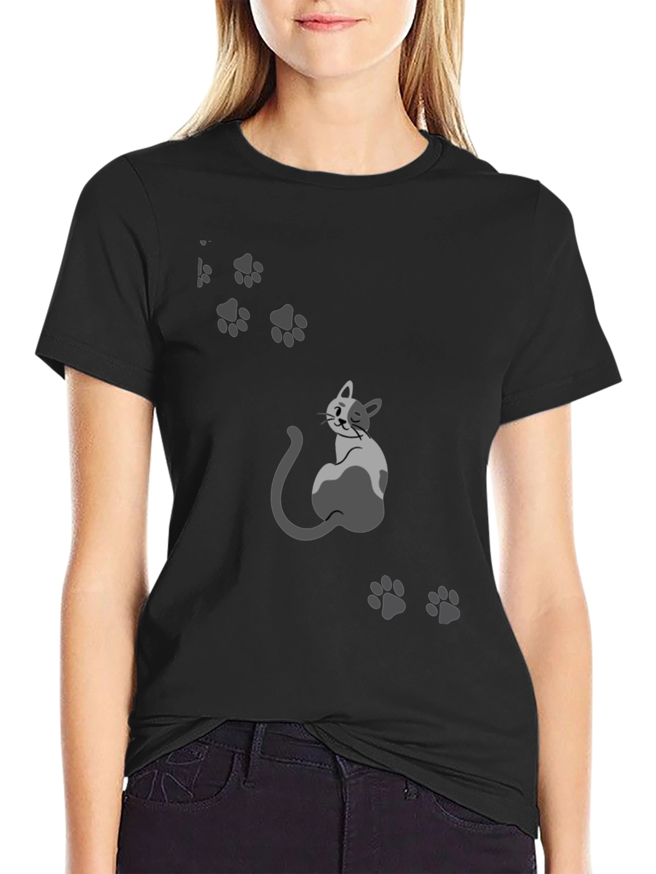 Mens Black Cat & Paw Print Graphic Tee