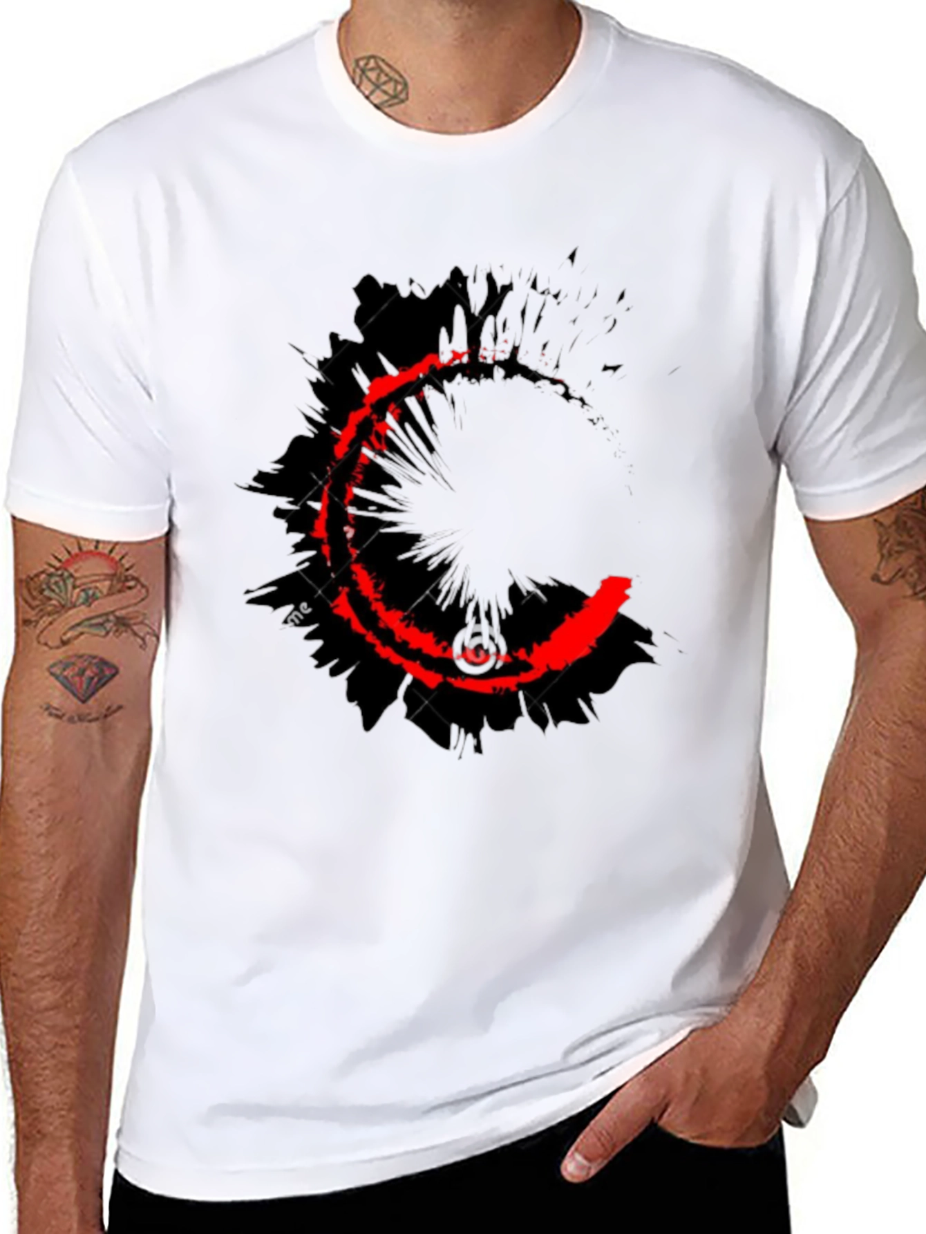 Mens Black T-Shirt with Red Crescent Graphic