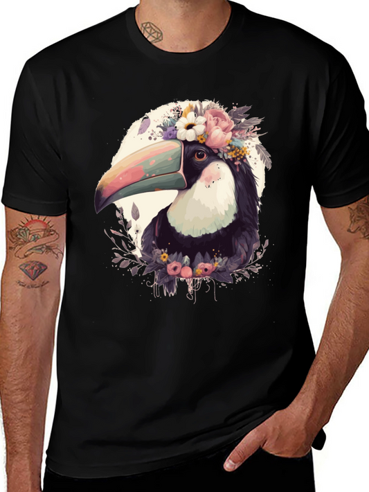 Floral Toucan Graphic Tee - Stylish Mens Black T-Shirt