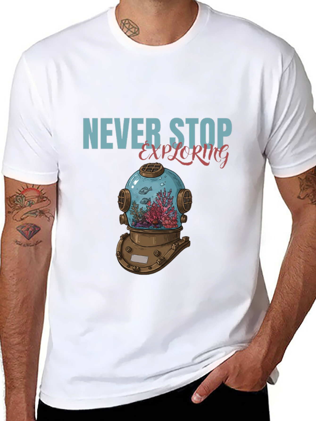 Never Stop Exploring Diver Helmet T-Shirt