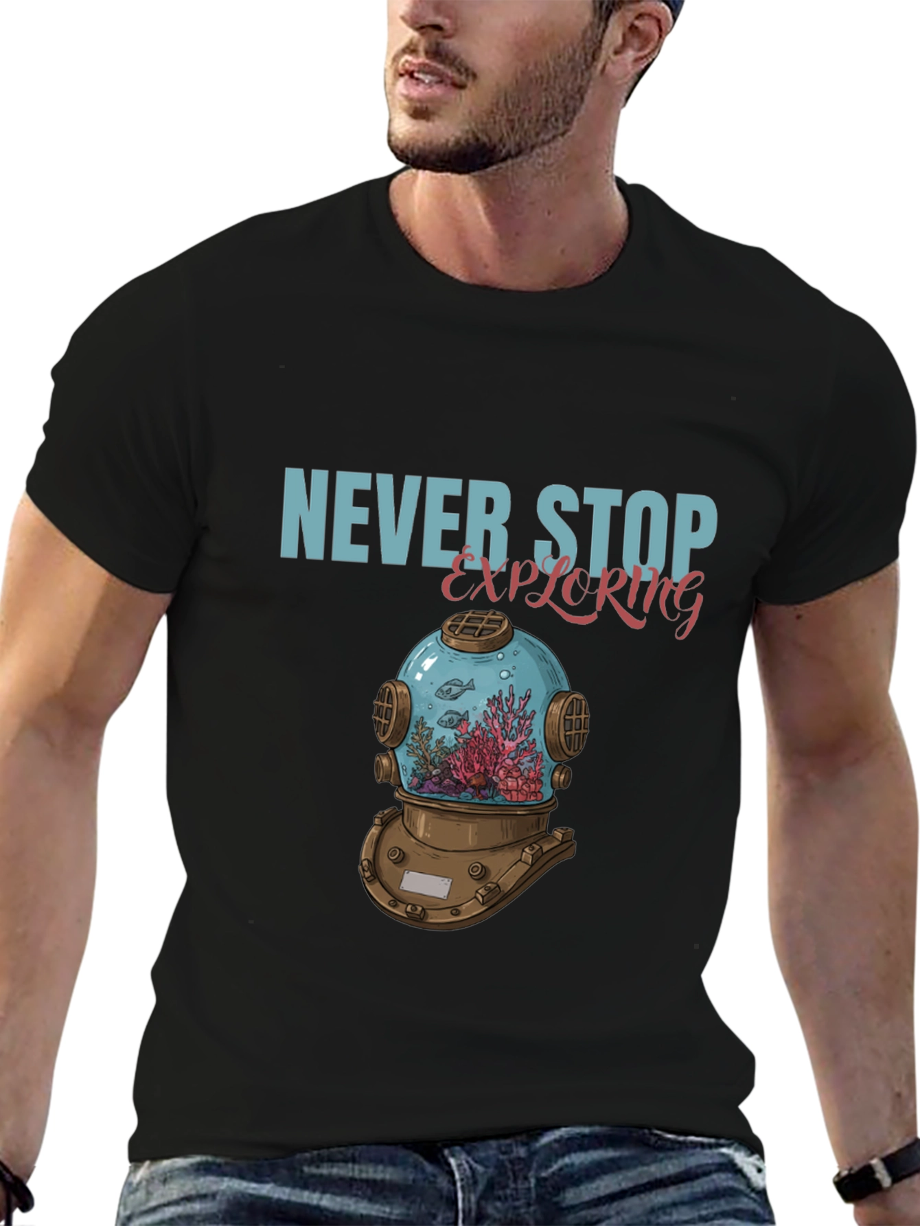 Never Stop Exploring Diver Helmet T-Shirt