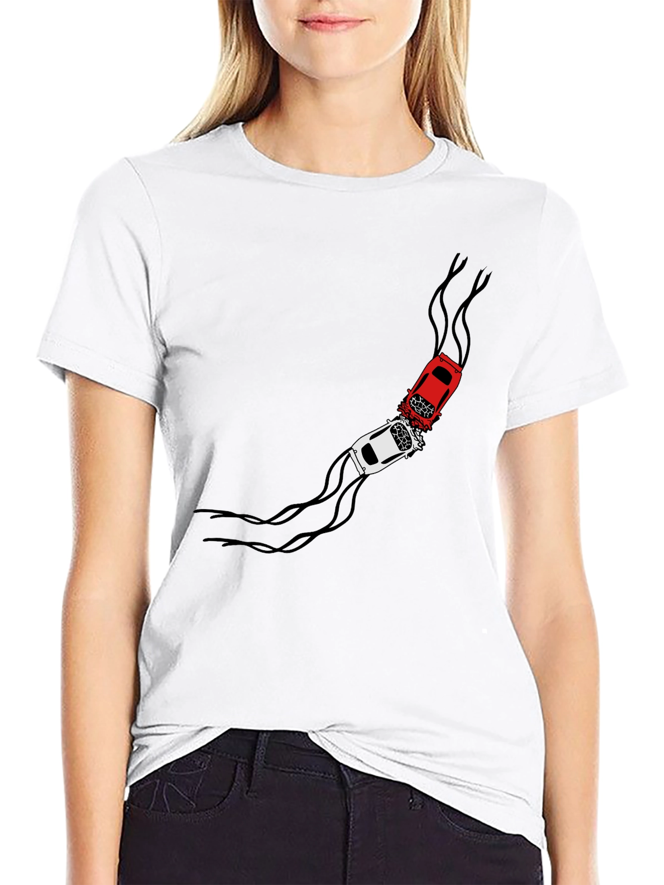 Crash Course T-Shirt: Red & White Car Collision Design