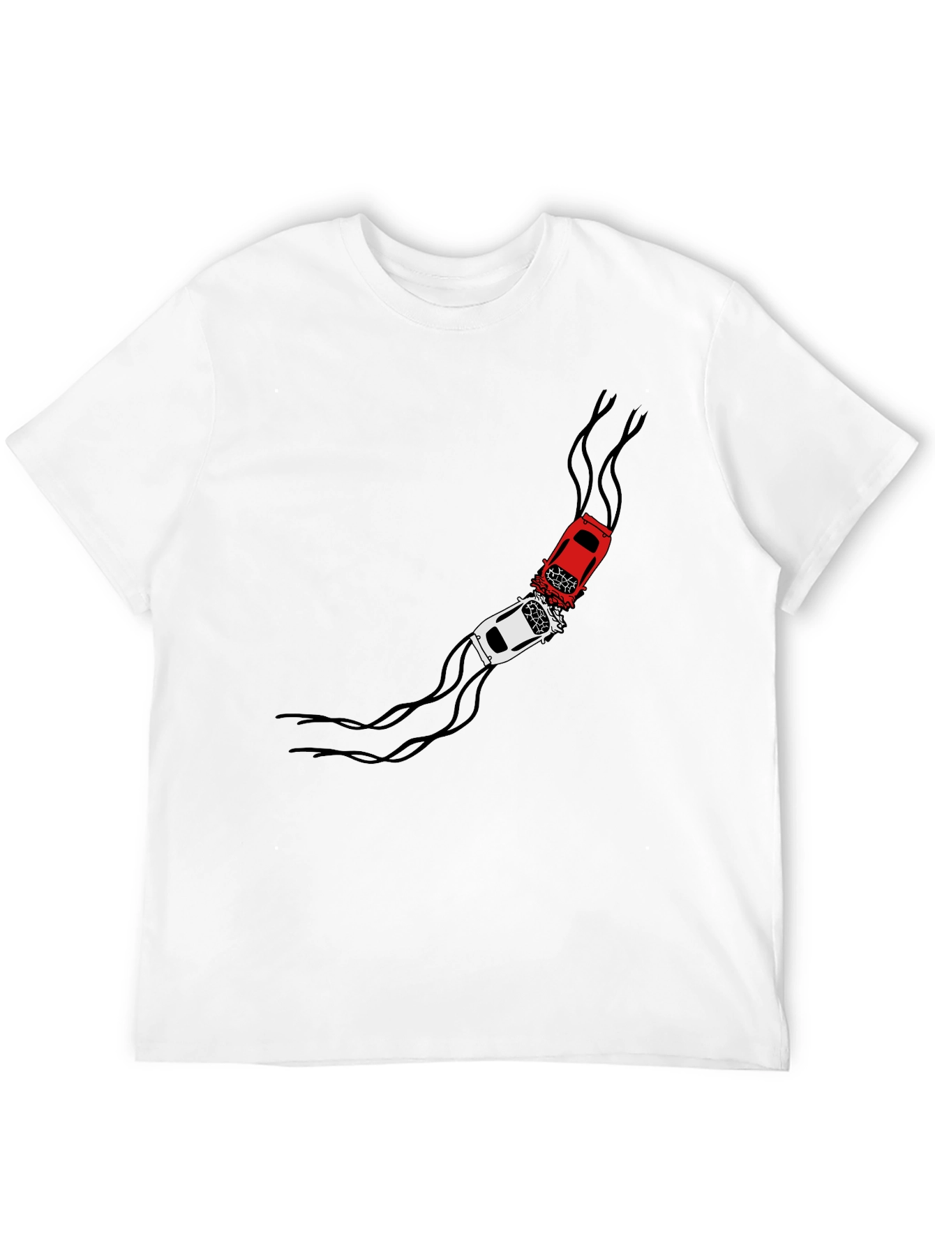Crash Course T-Shirt: Red & White Car Collision Design