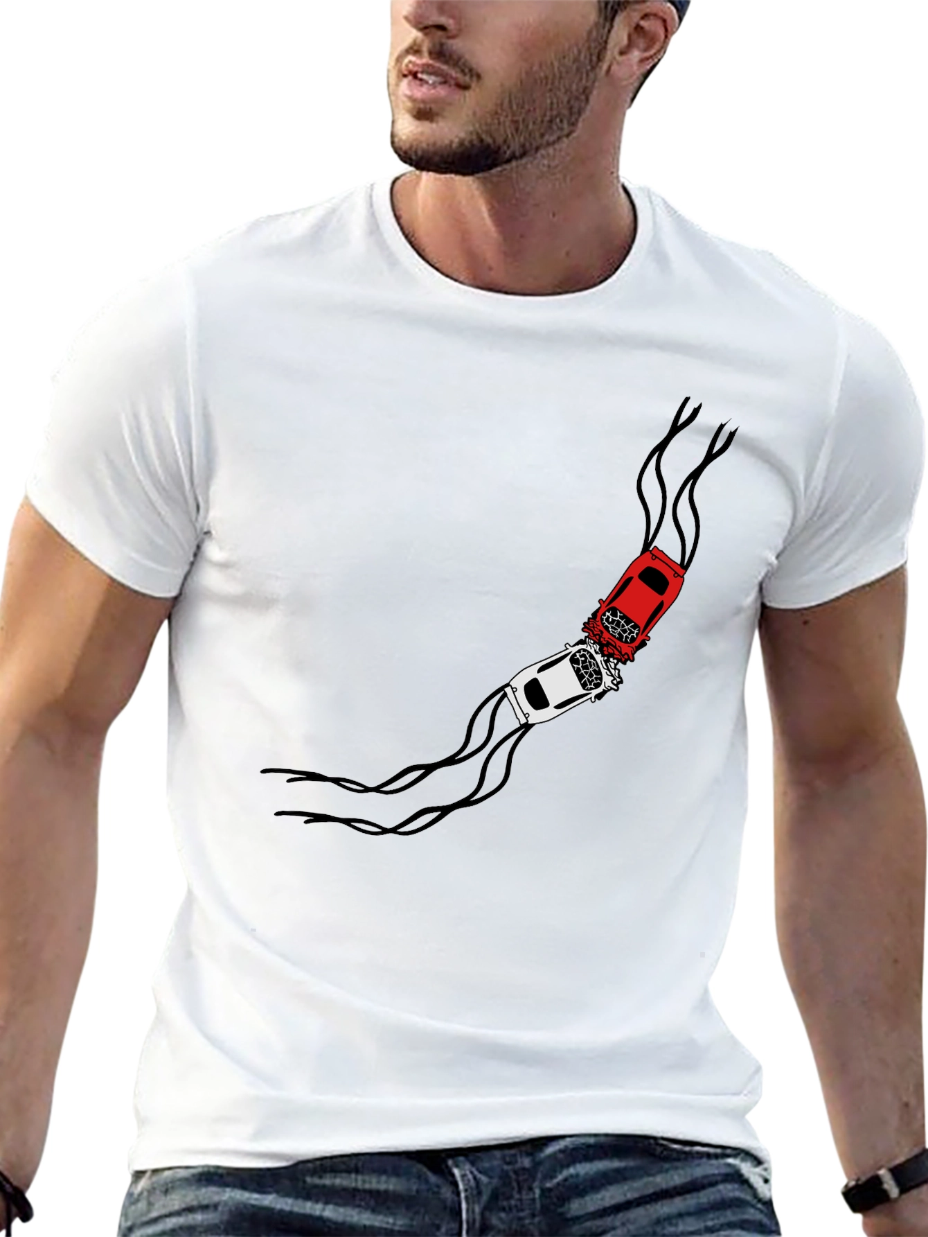 Crash Course T-Shirt: Red & White Car Collision Design