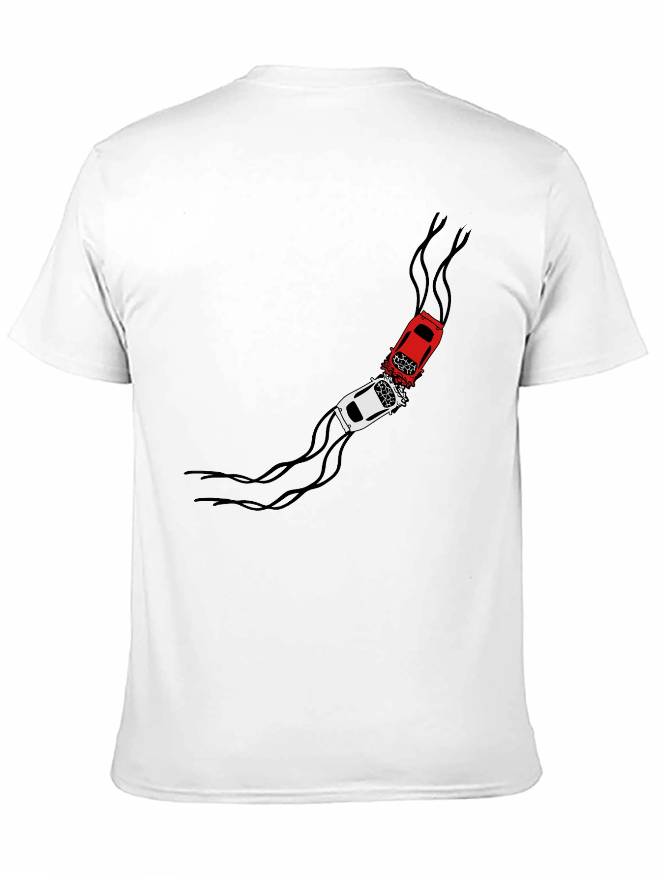 Crash Course T-Shirt: Red & White Car Collision Design