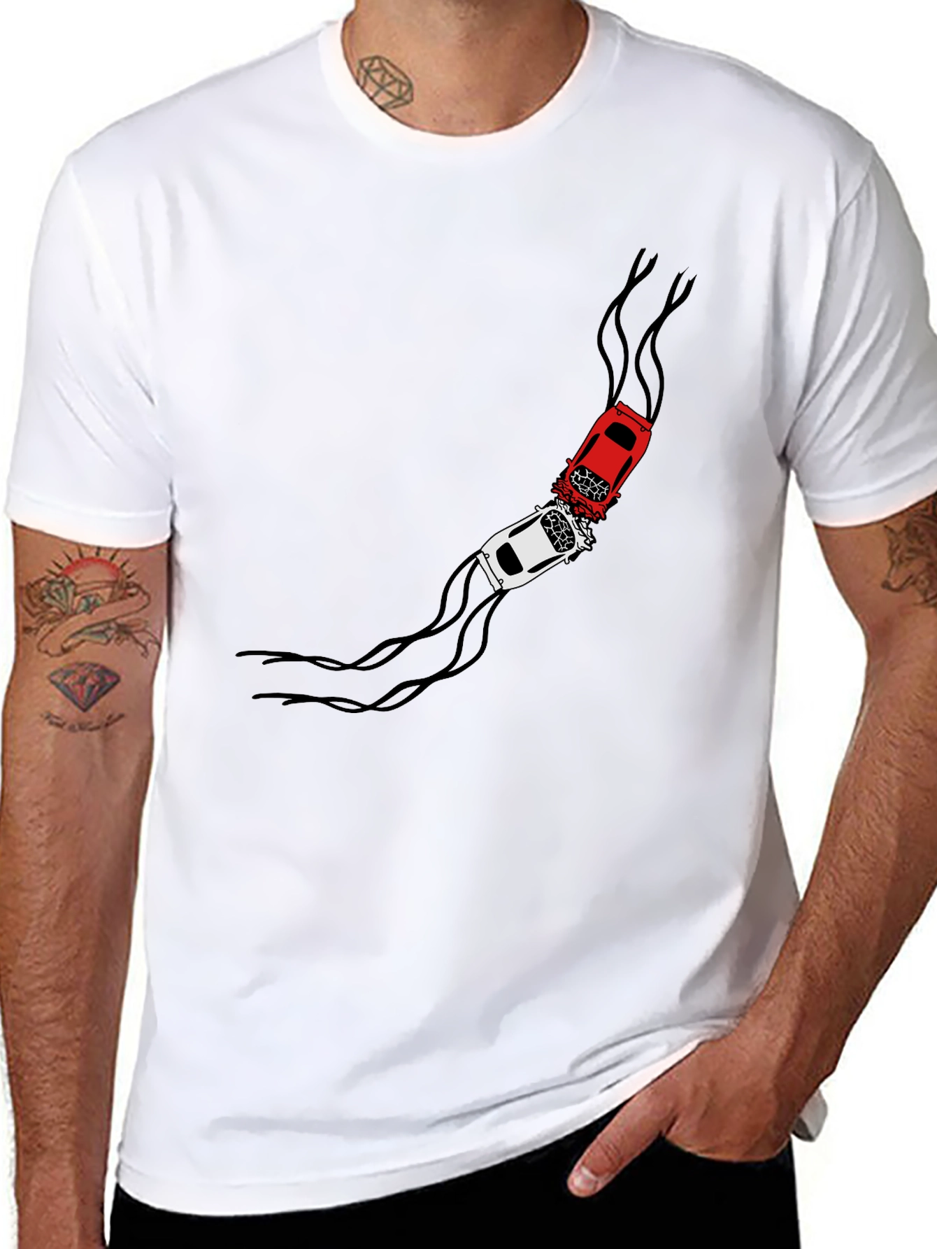 Crash Course T-Shirt: Red & White Car Collision Design