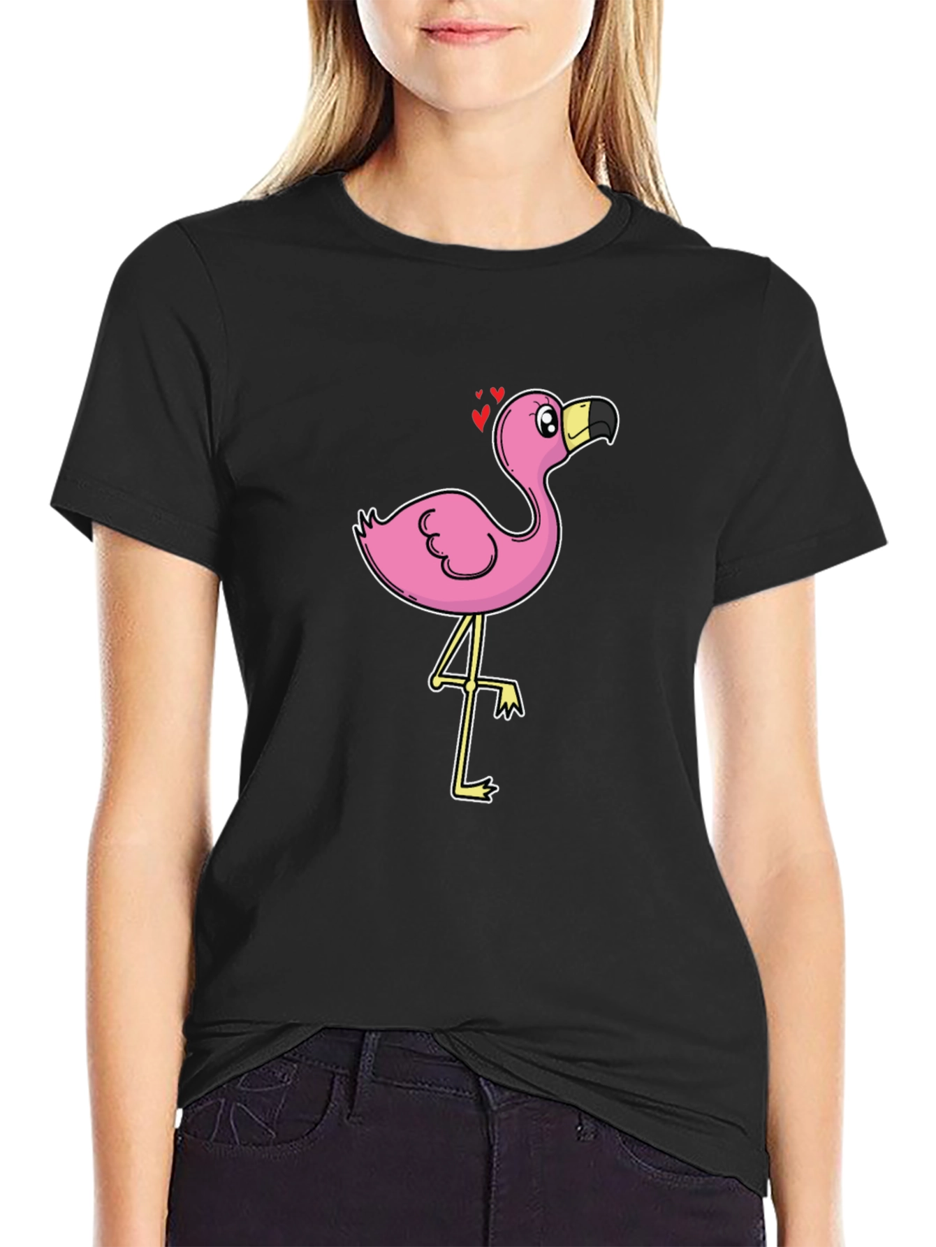 Black T-Shirt with Cartoon Flamingo Design