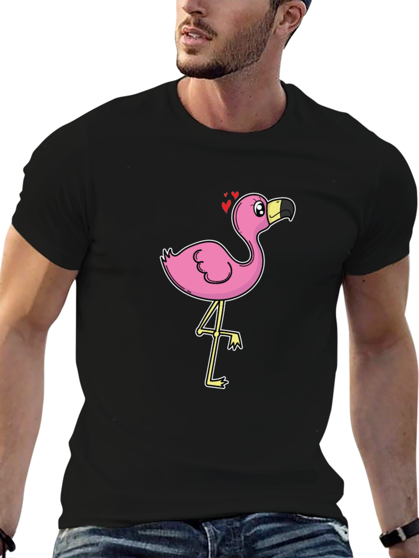 Black T-Shirt with Cartoon Flamingo Design
