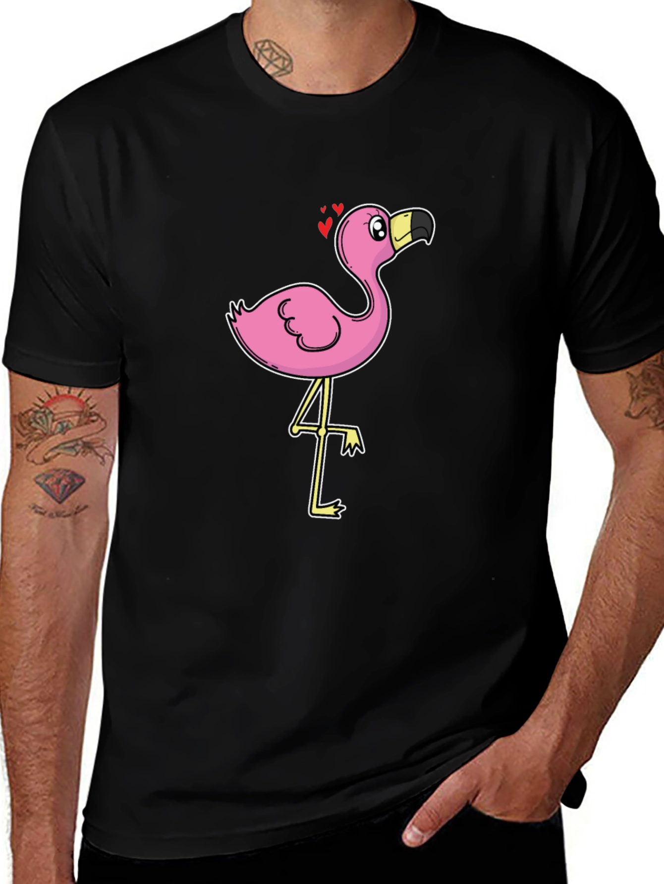 Black T-Shirt with Cartoon Flamingo Design