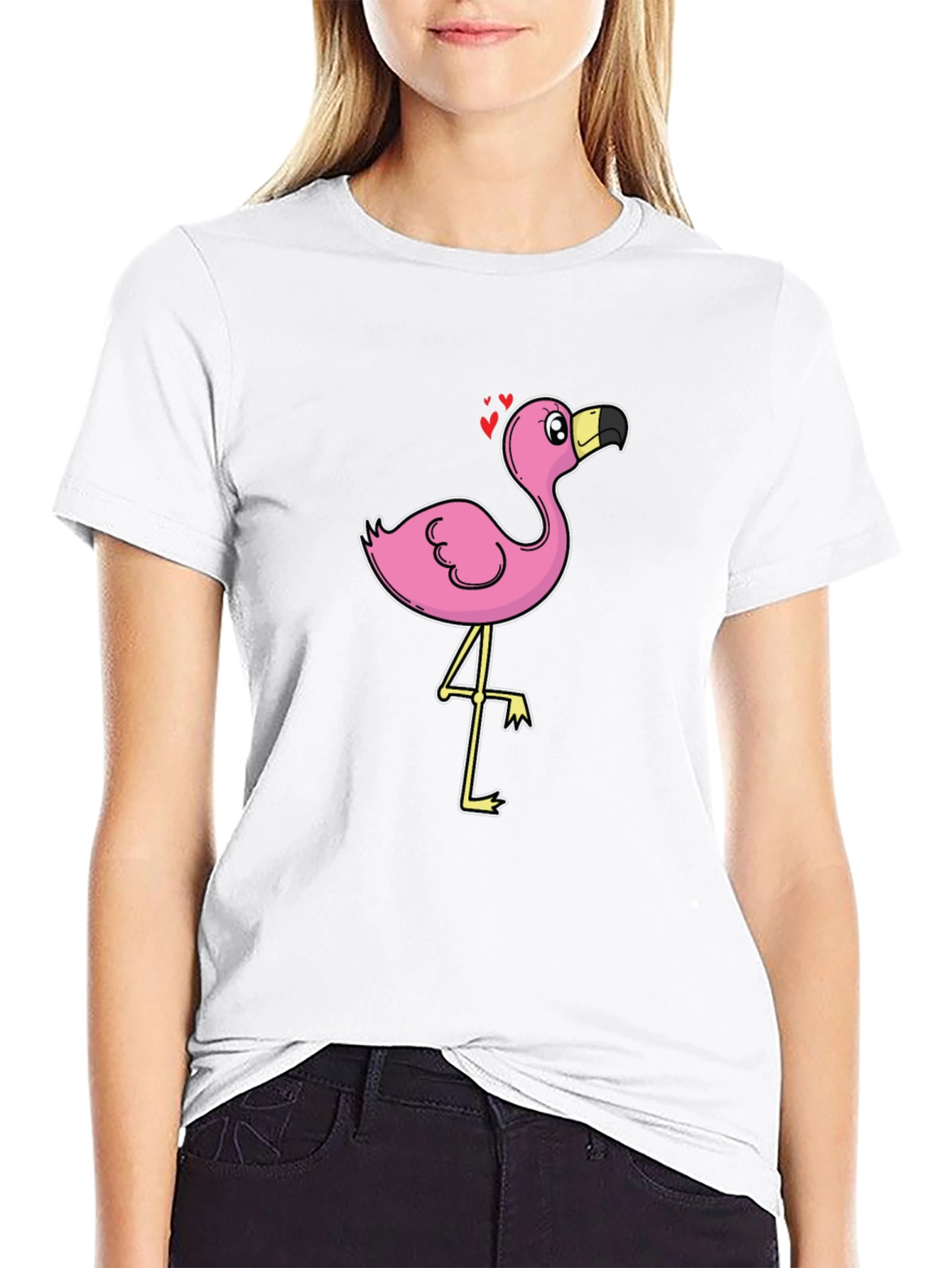 Black T-Shirt with Cartoon Flamingo Design