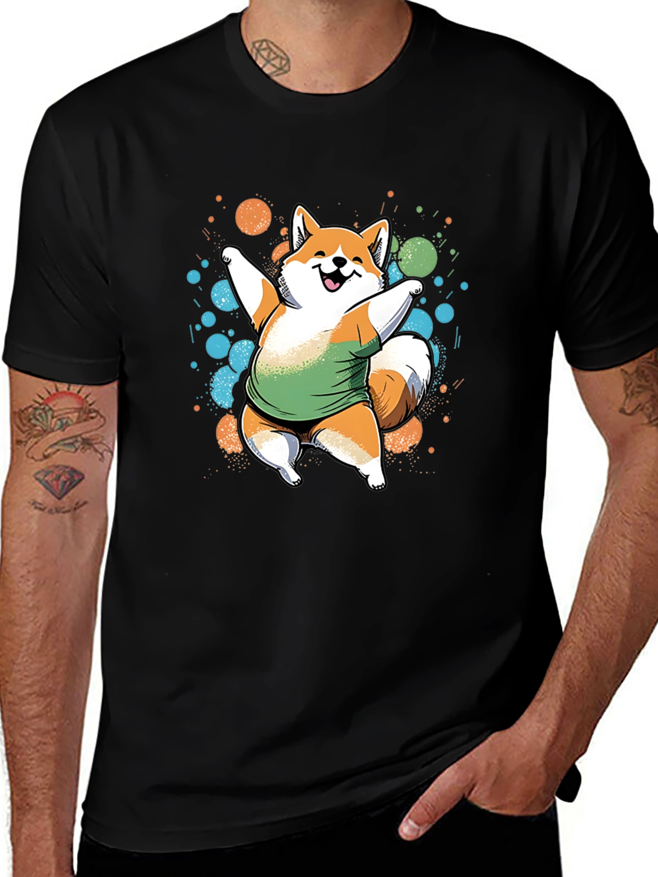 Dancing Shiba Inu Graphic Tee - Casual Black T-Shirt