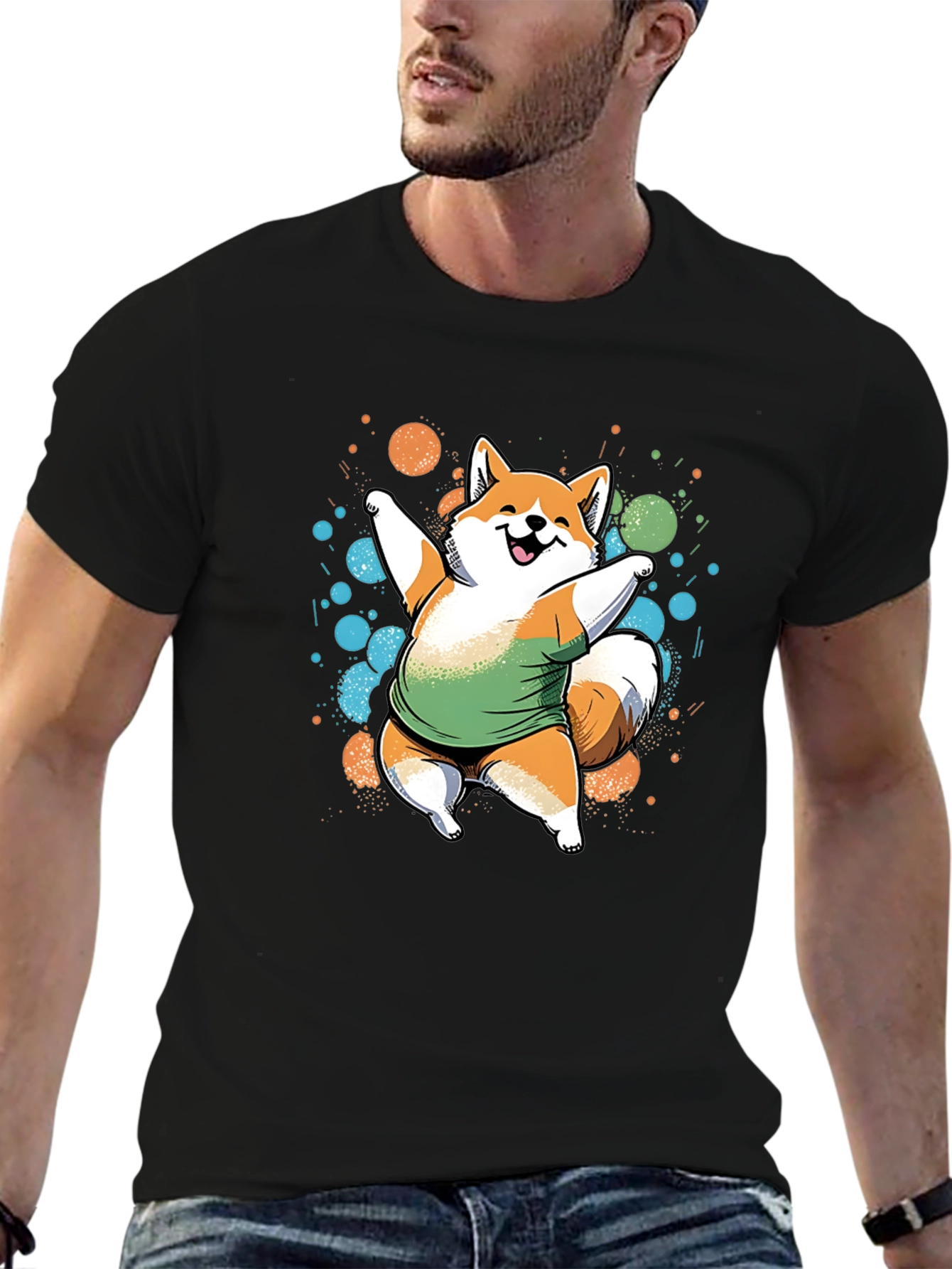 Dancing Shiba Inu Graphic Tee - Casual Black T-Shirt