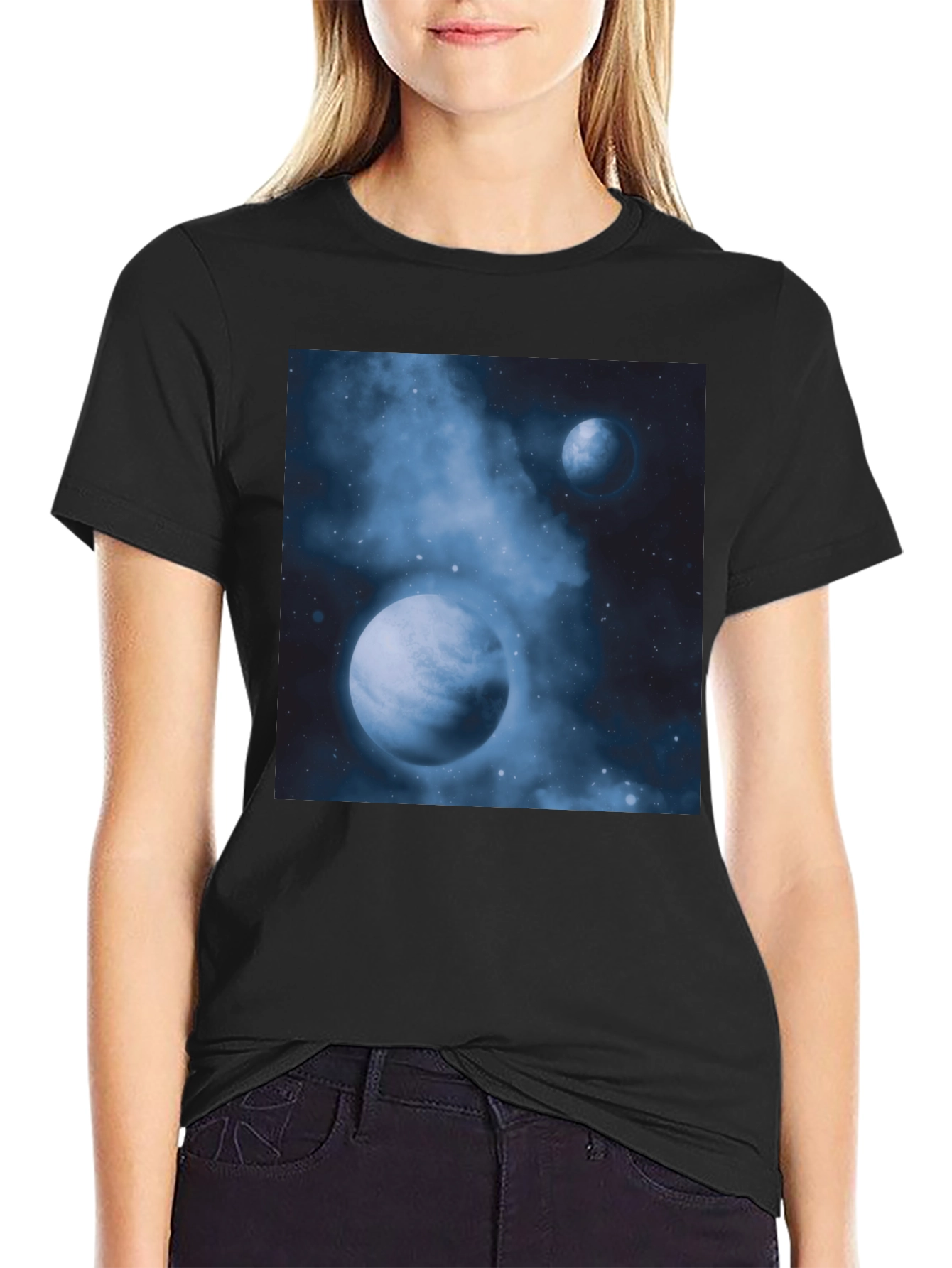 Nebula Planets Graphic Tee - Cosmic Black Cotton T-Shirt