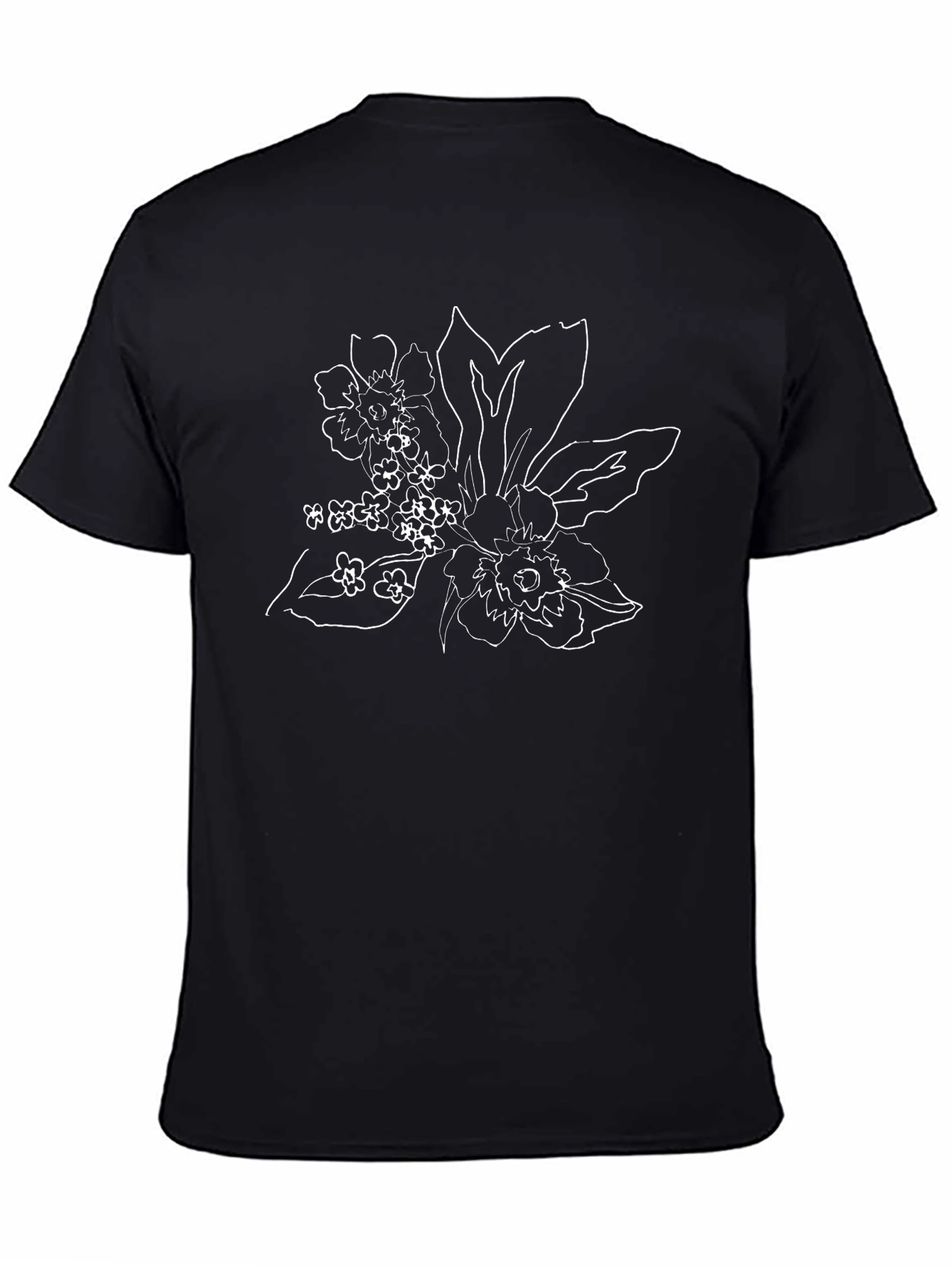 Floral Outline Black Tee - Botanical Style