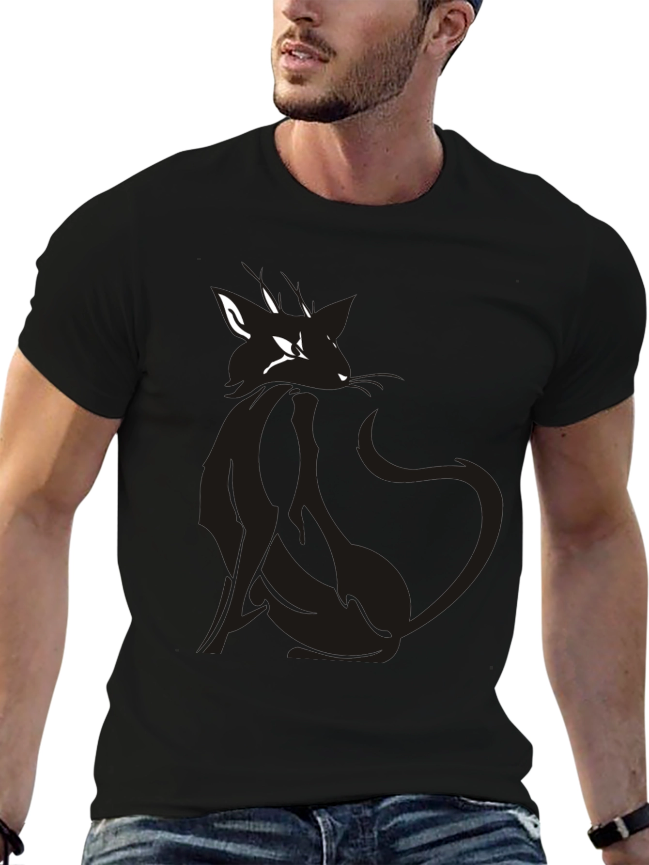 Mens Black T-Shirt with Stylish Cat Graphic