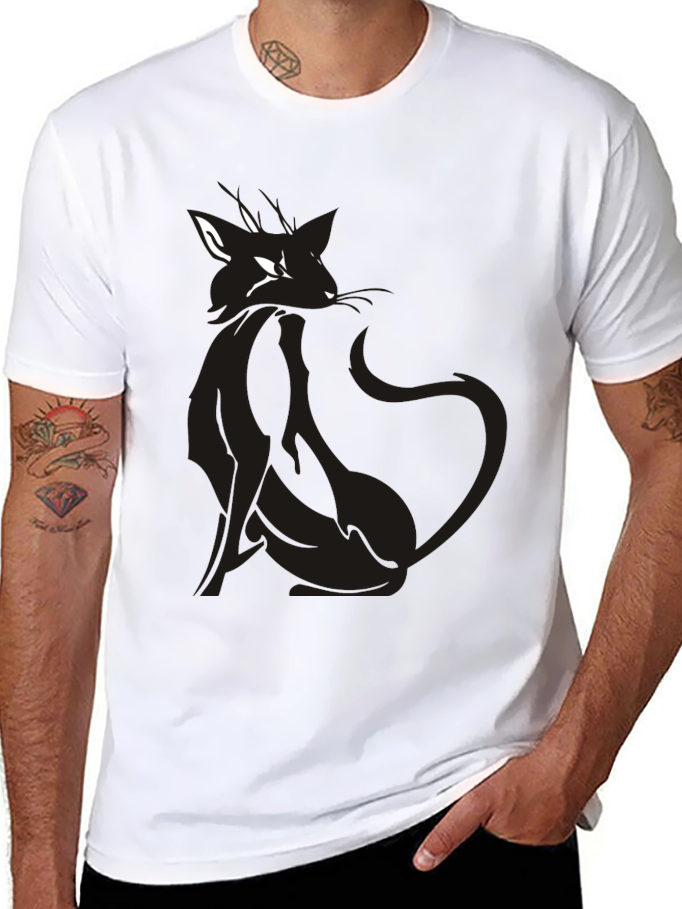 Mens Black T-Shirt with Stylish Cat Graphic