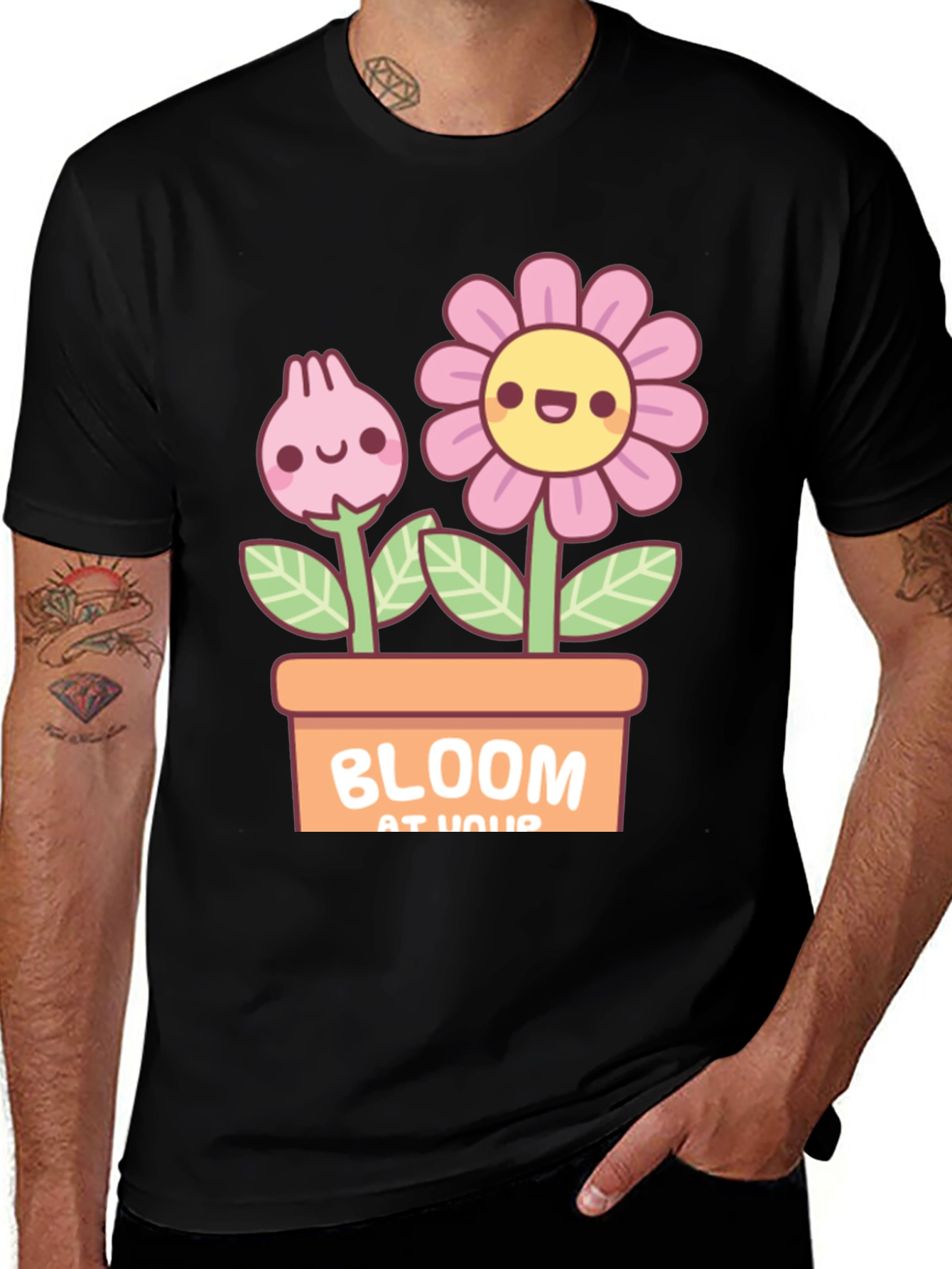 Cute Bloom At Your Potted Flowers Black T-Shirt
