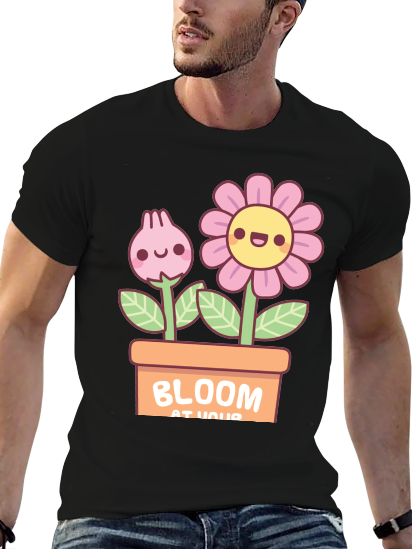 Cute Bloom At Your Potted Flowers Black T-Shirt