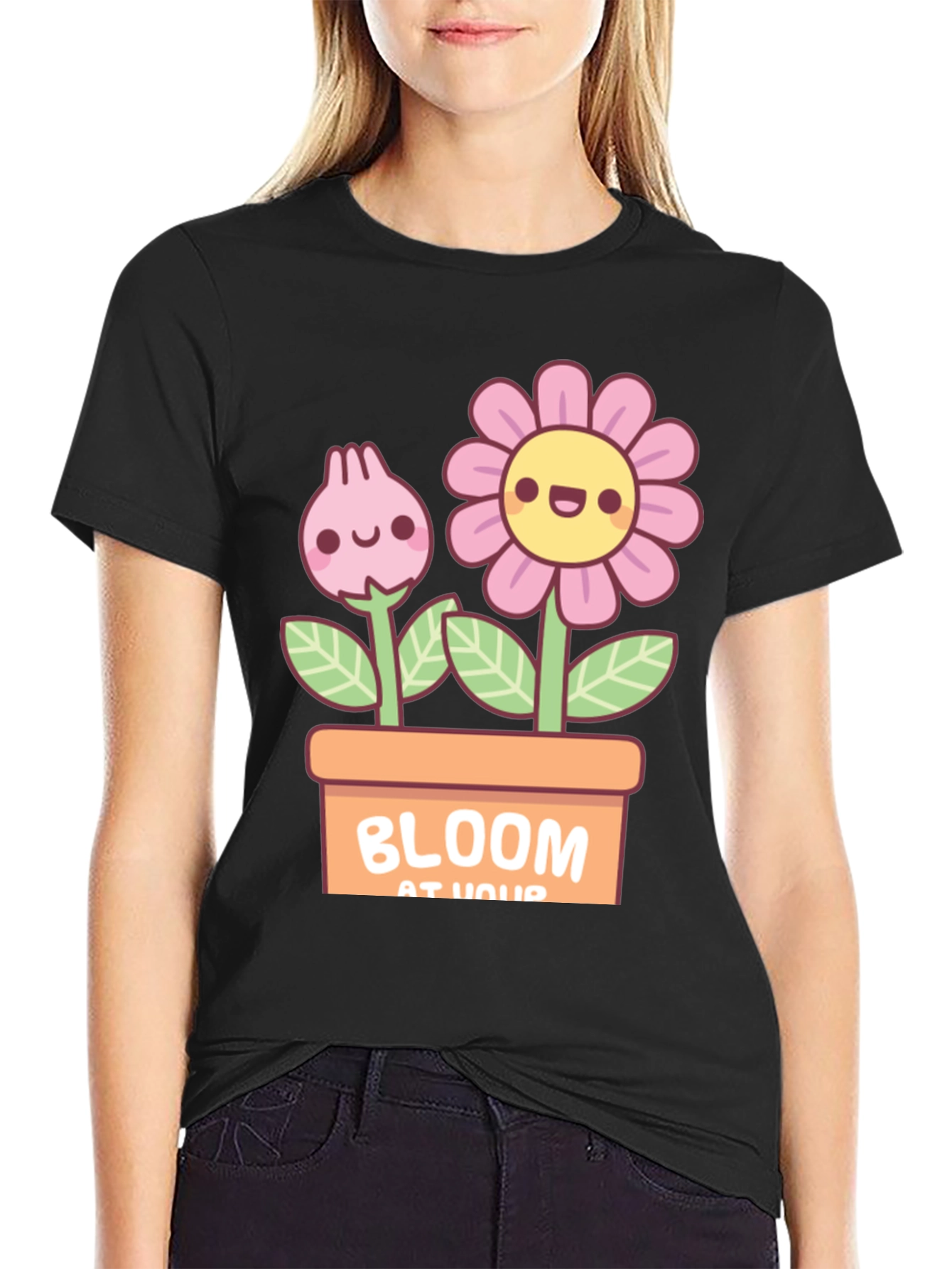 Cute Bloom At Your Potted Flowers Black T-Shirt