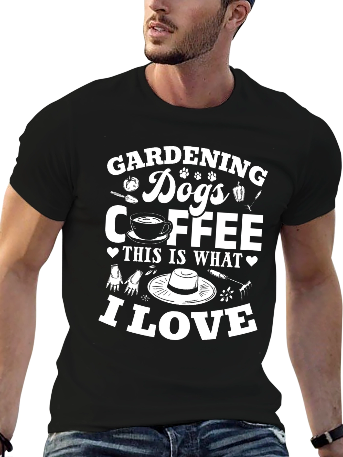 Gardening Dogs Coffee Mens Black Graphic T-Shirt