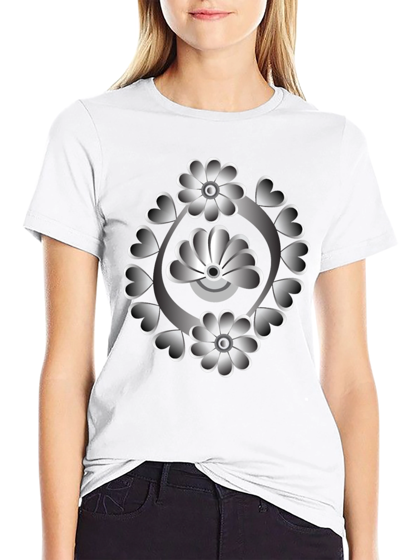 Floral Heart Design Black T-Shirt