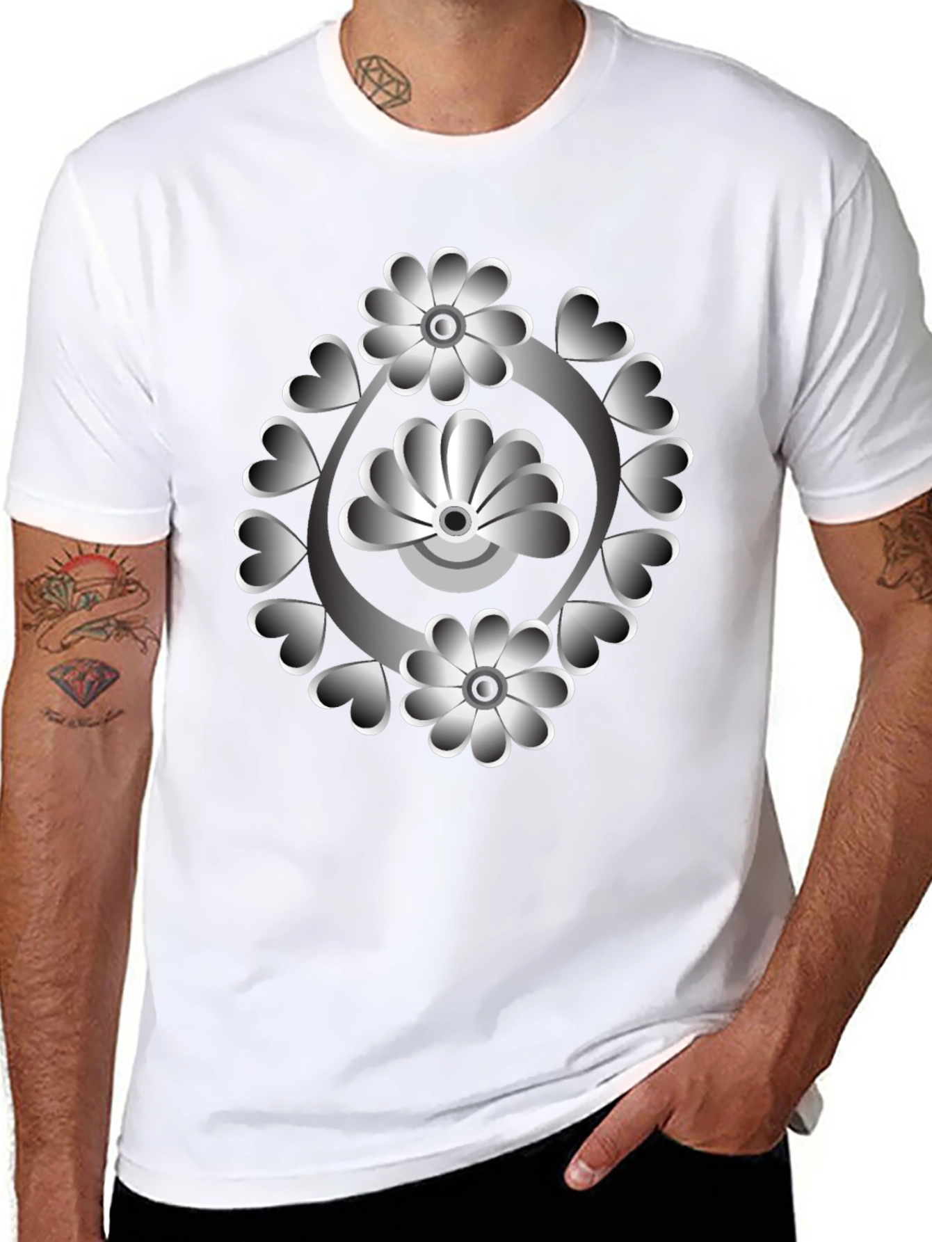 Floral Heart Design Black T-Shirt
