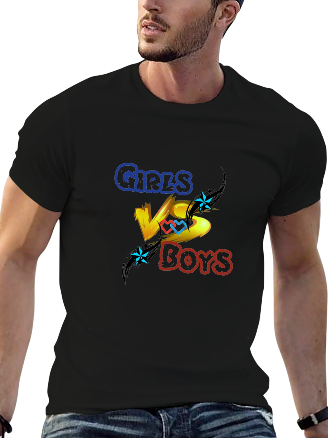 Girls vs Boys Graphic Print Crew Neck T-Shirt