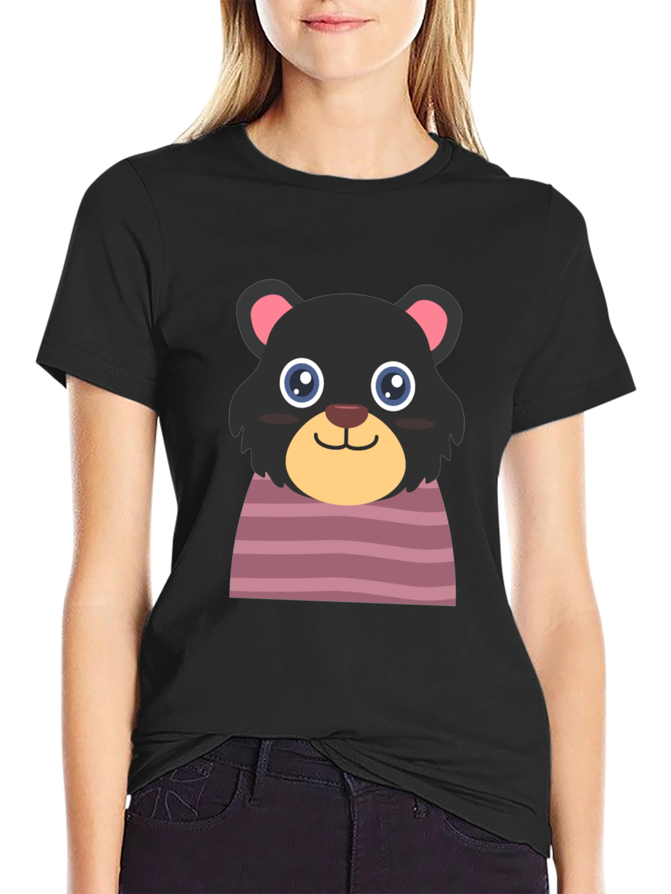 Cute Cartoon Bear Black T-Shirt