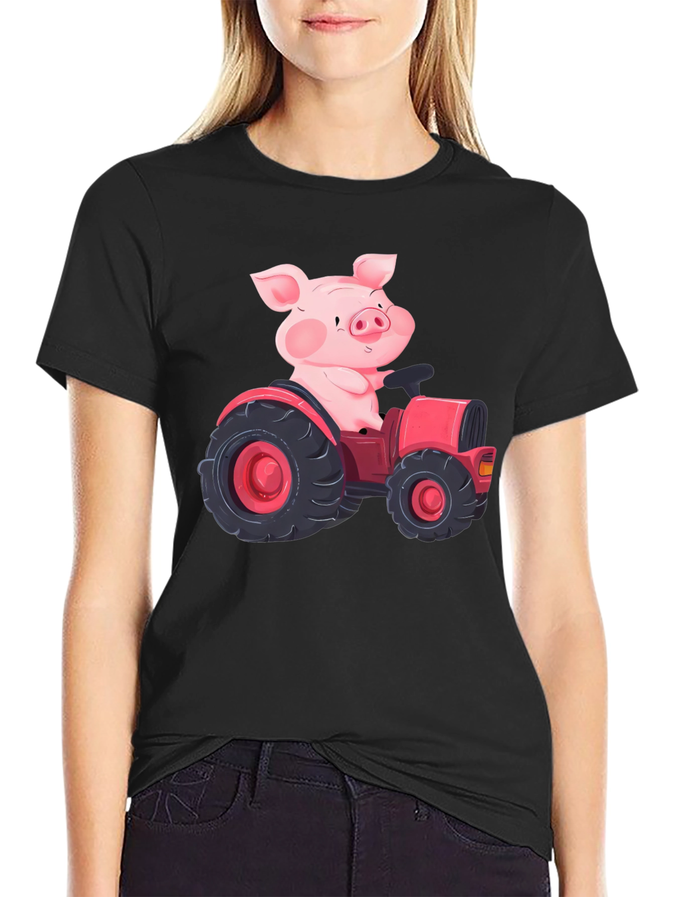 Pig Driving Tractor Graphic T-Shirt