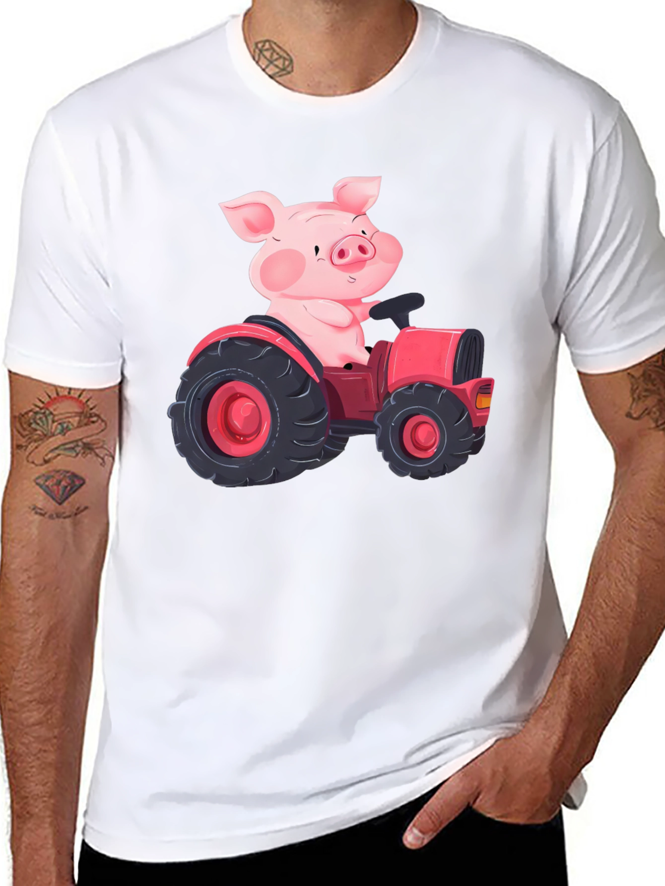 Pig Driving Tractor Graphic T-Shirt