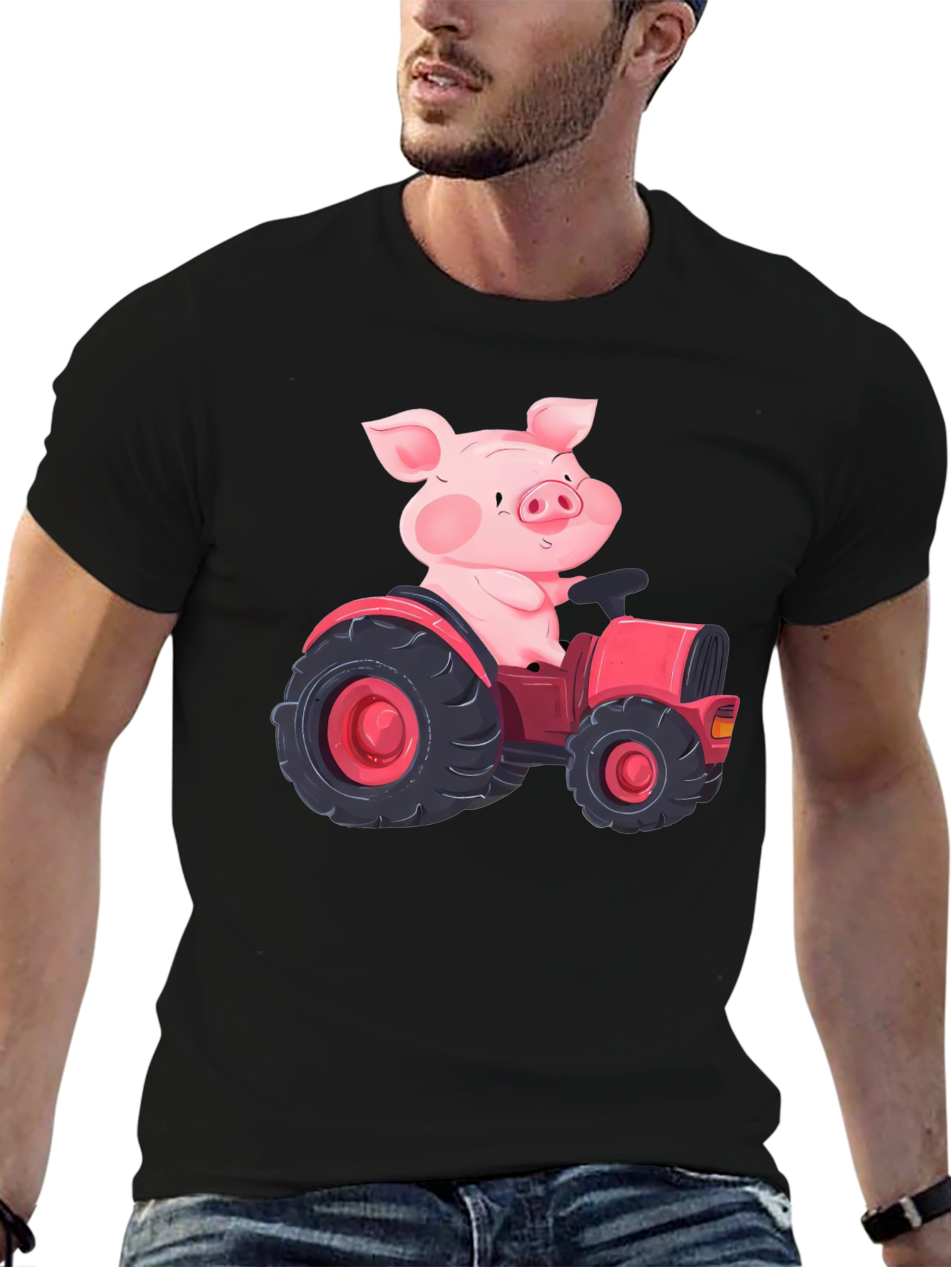 Pig Driving Tractor Graphic T-Shirt